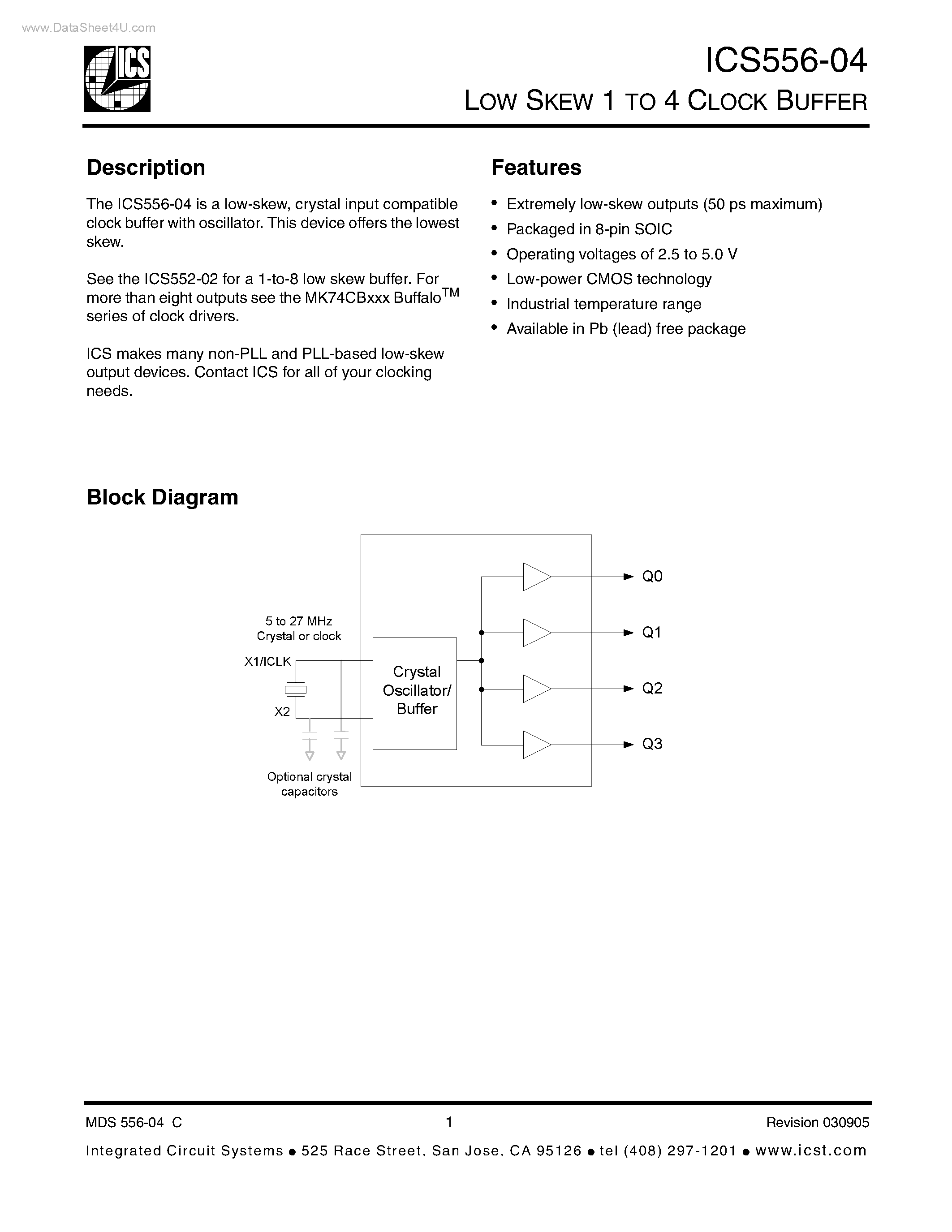 Даташит ICS556-04 - LOW SKEW 1 TO 4 CLOCK BUFFER страница 1