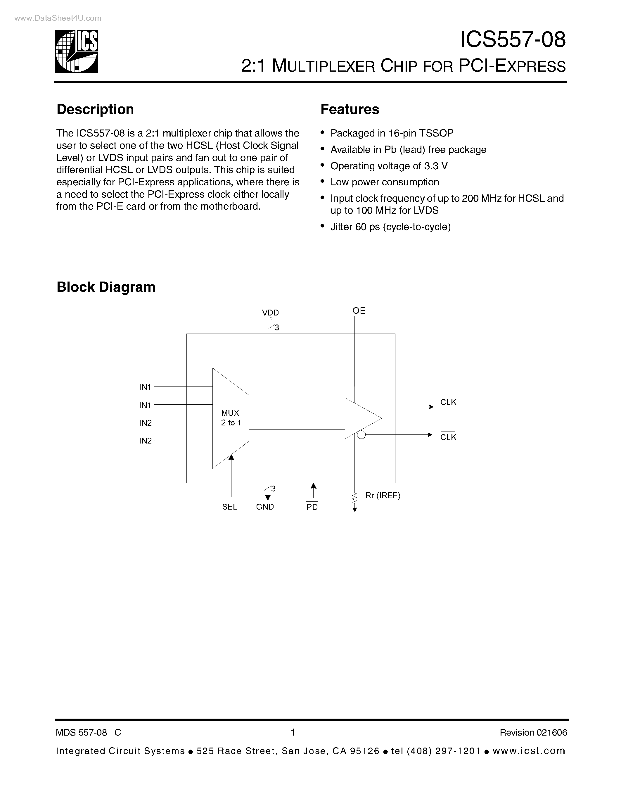 Datasheet ICS557-08 page 1 Datasheet ICS557-08 - 2:1 MULTIPLEXER CHIP page 1