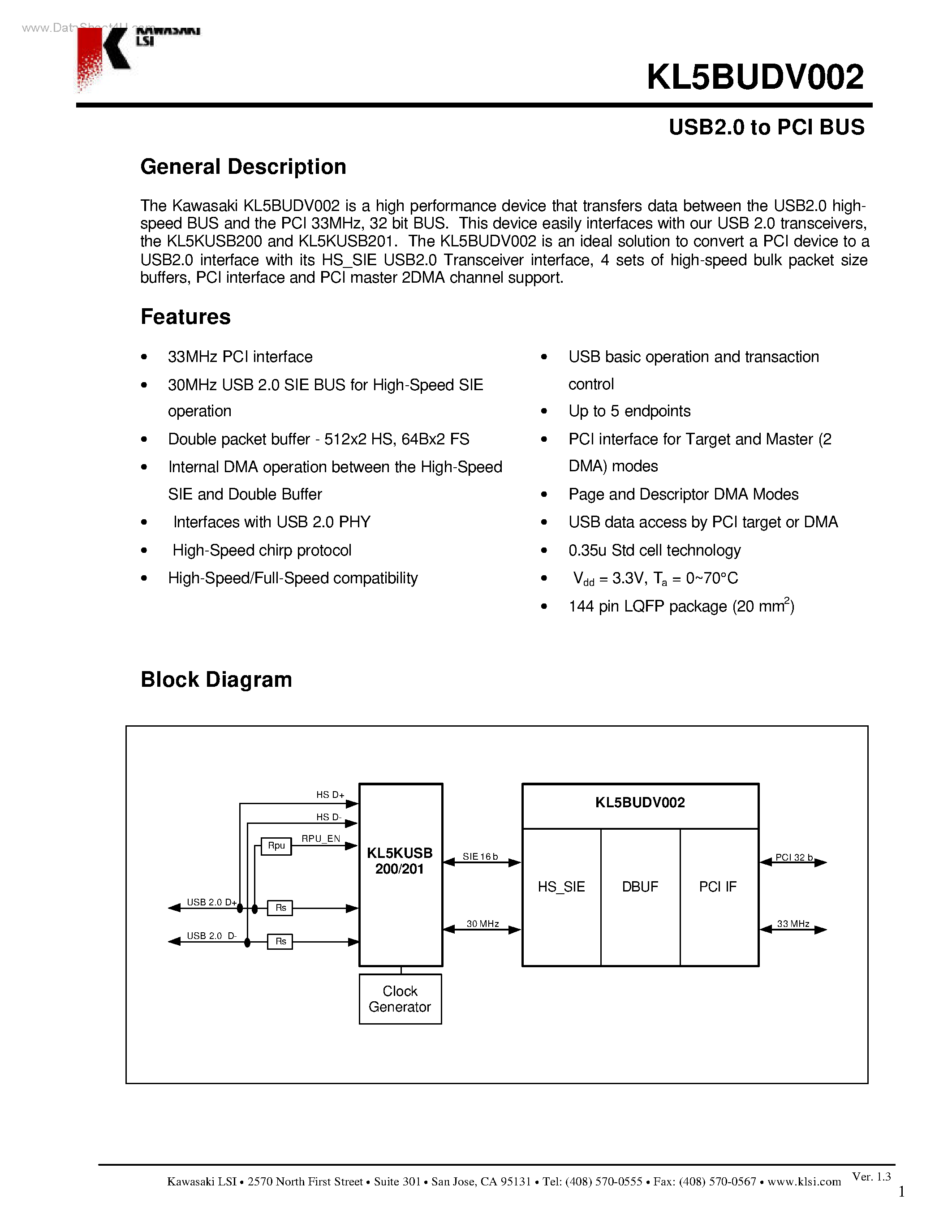 Datasheet KL5BUDV002 - USB2.0 to PCI BUS page 1