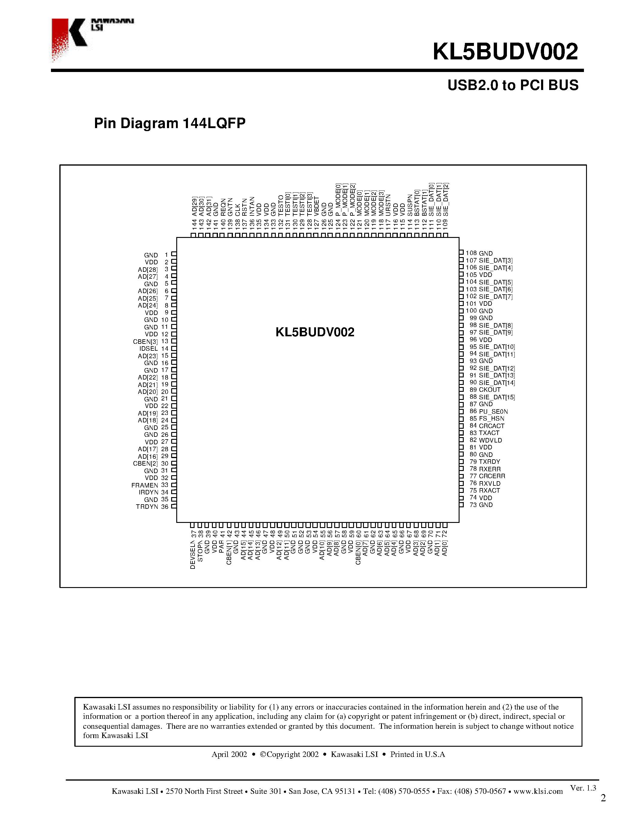 Datasheet KL5BUDV002 - USB2.0 to PCI BUS page 2