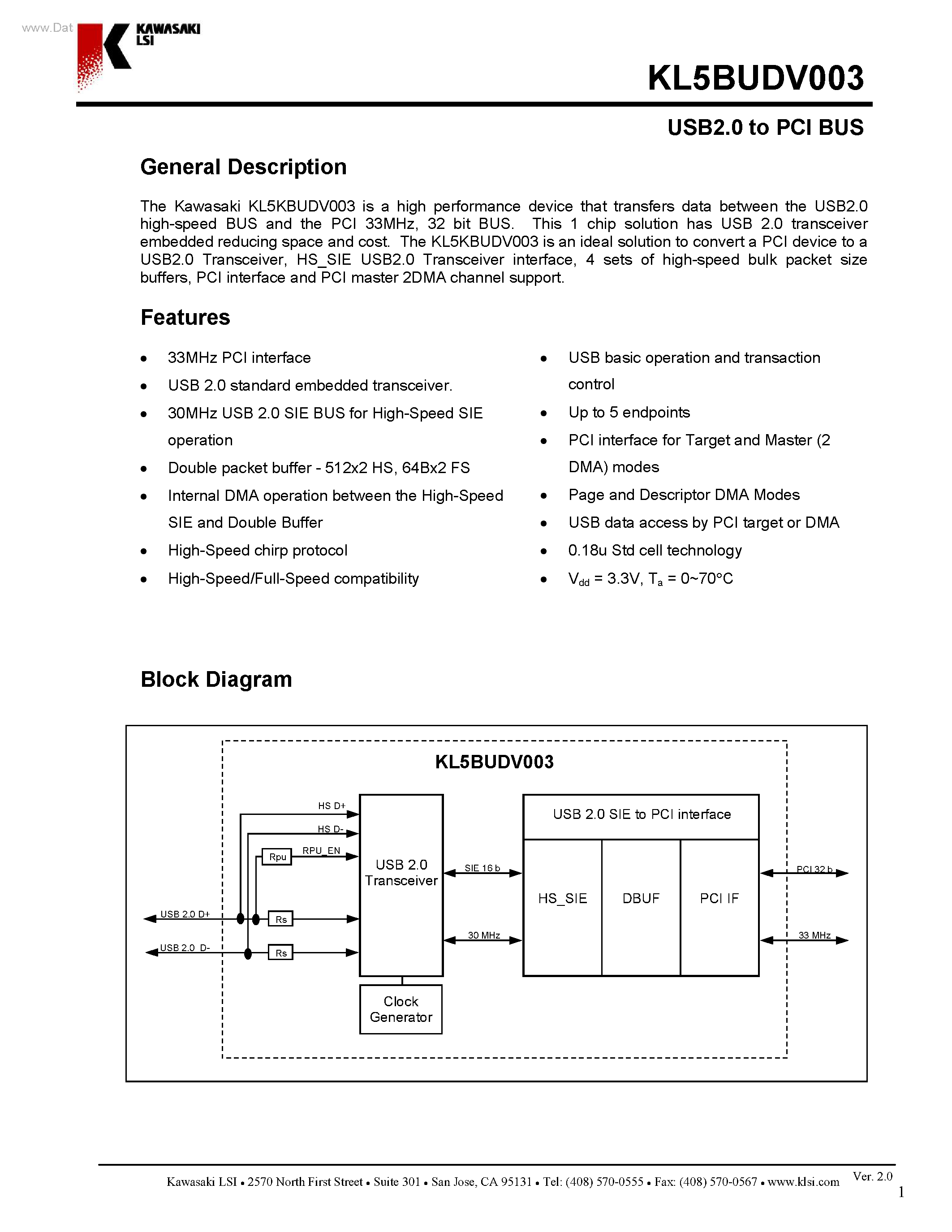 Datasheet KL5BUDV003 - USB2.0 to PCI BUS page 1