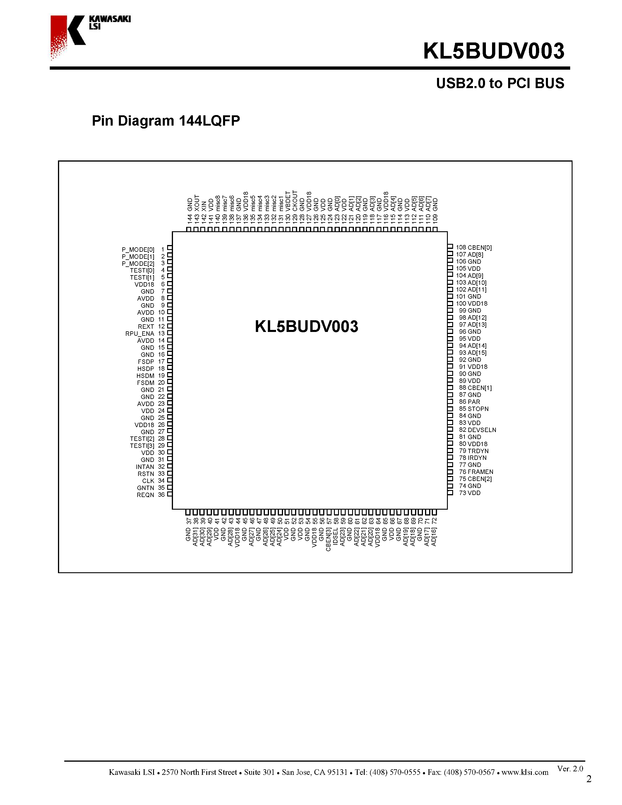 Datasheet KL5BUDV003 - USB2.0 to PCI BUS page 2