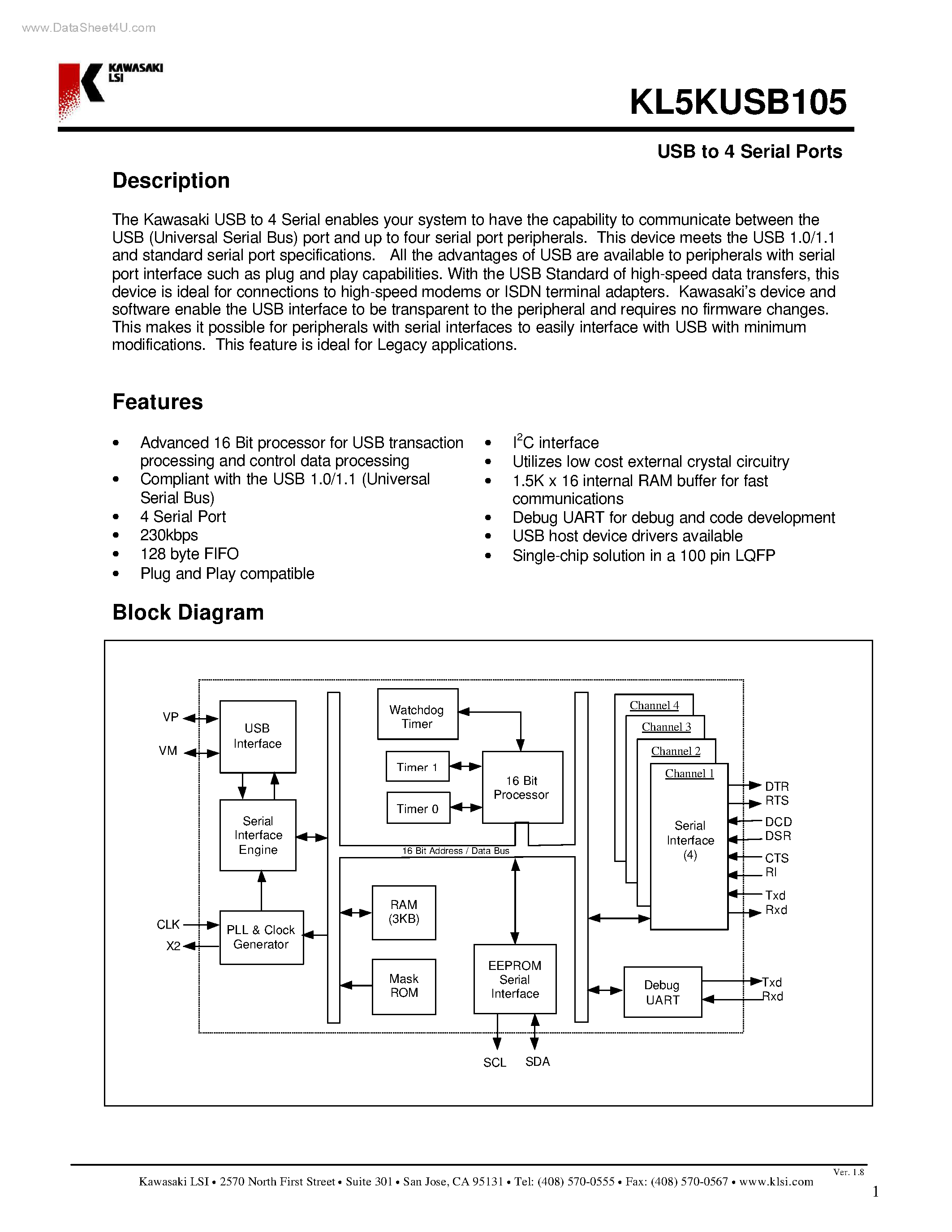Datasheet KL5KUSB105 - USB to 4 Serial Ports page 1