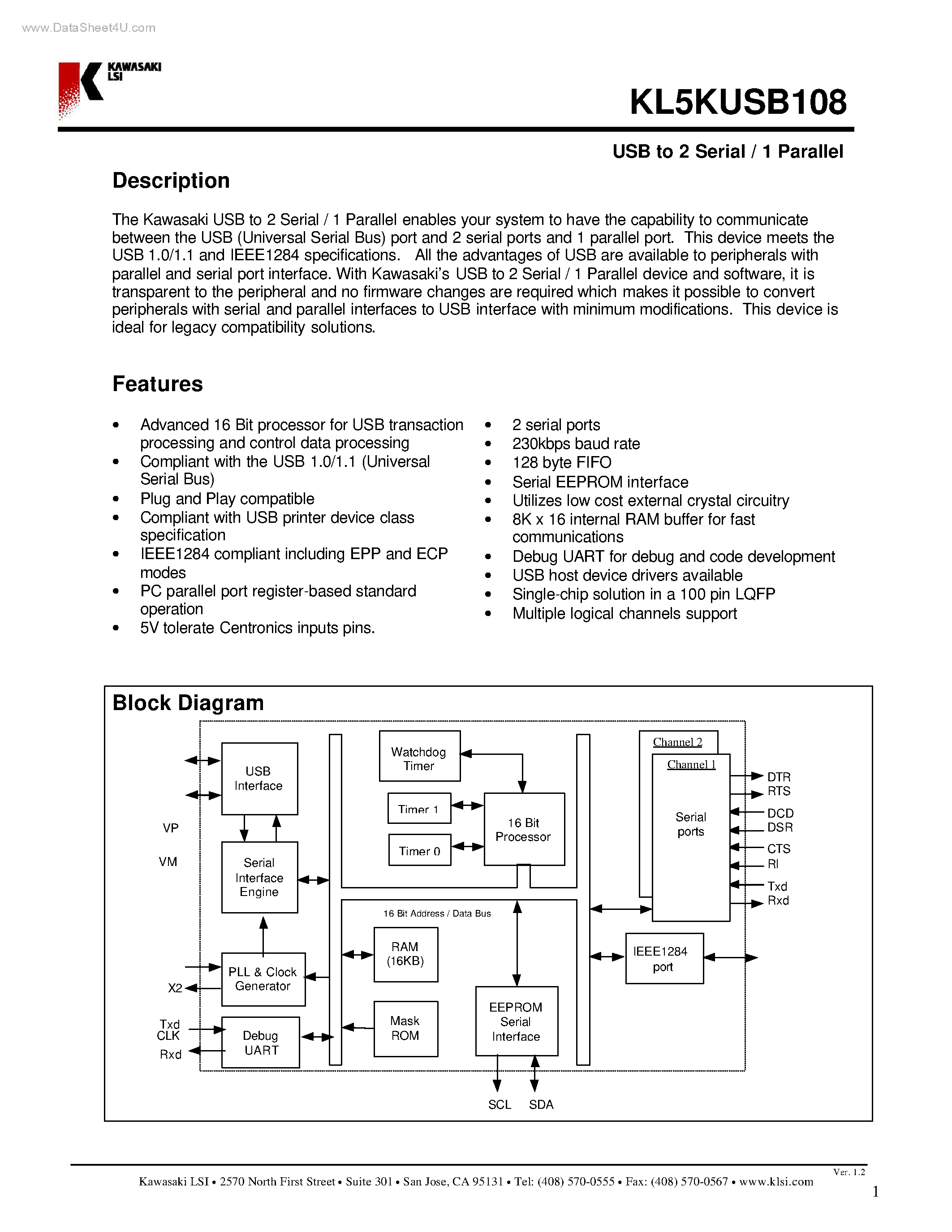 Datasheet KL5KUSB108 - USB to 2 Serial / 1 Parallel page 1
