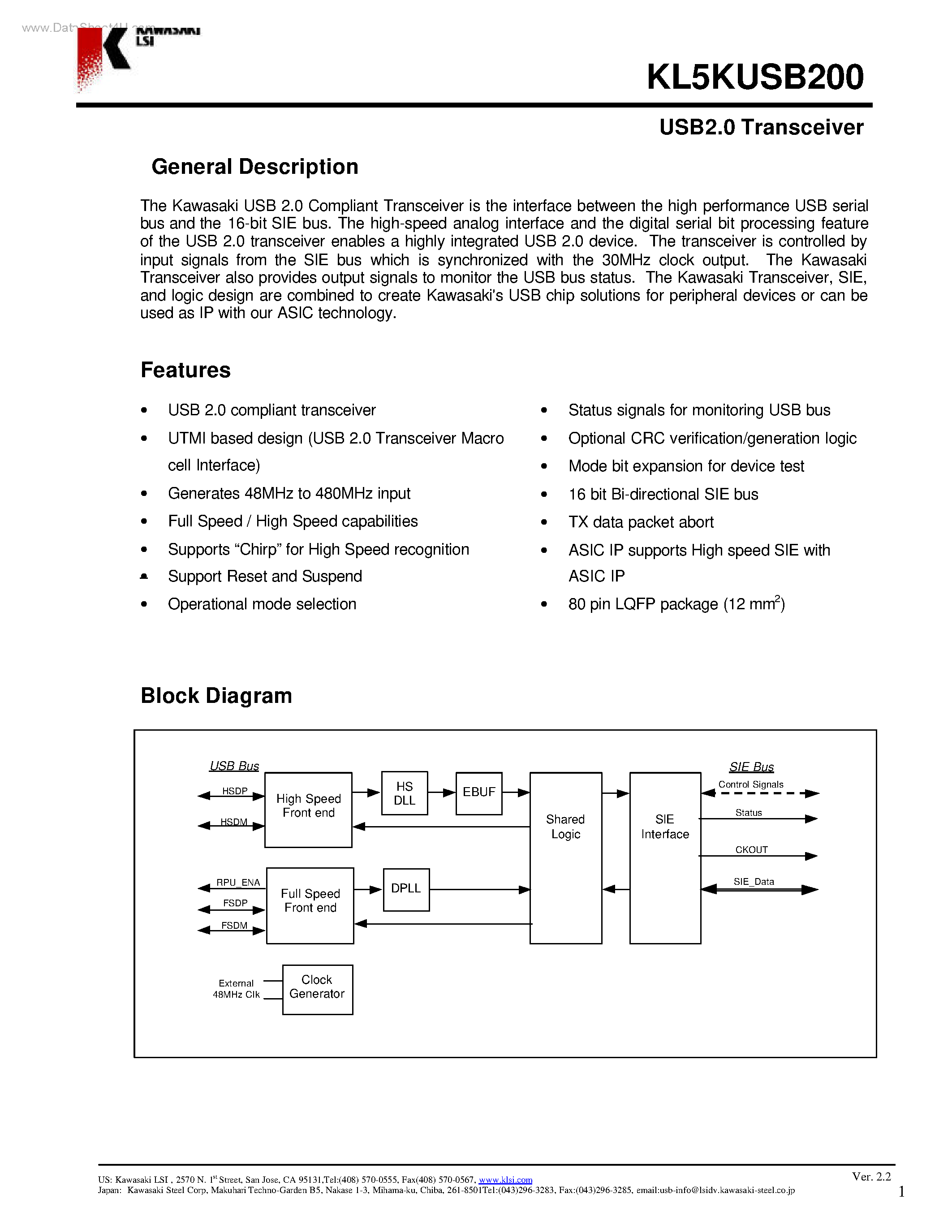 Datasheet KL5KUSB200 page 1 Datasheet KL5KUSB200 - USB2.0 Transceiver page 1