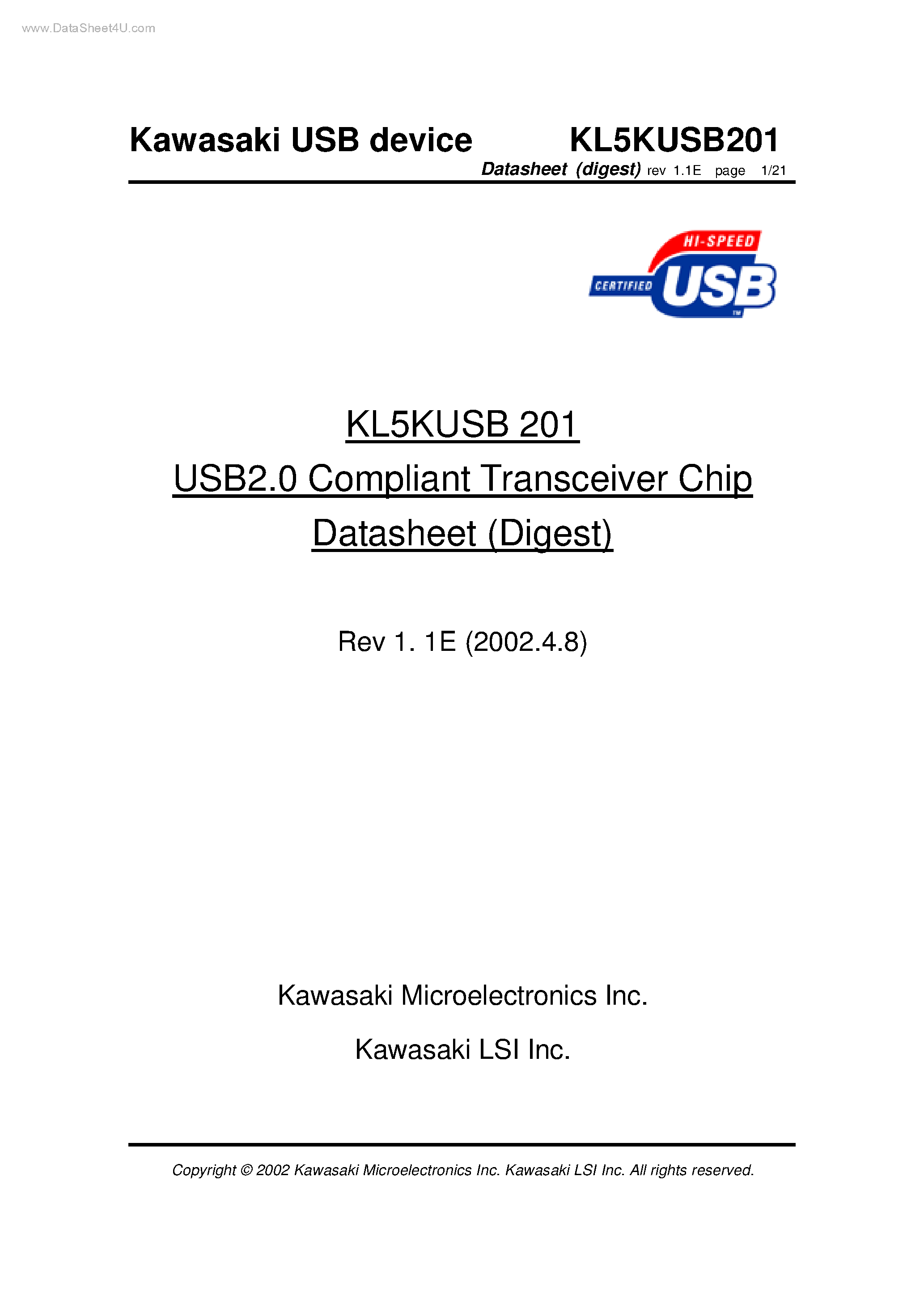 Datasheet KL5KUSB201 - USB2.0 Compliant Transceiver Chip page 1