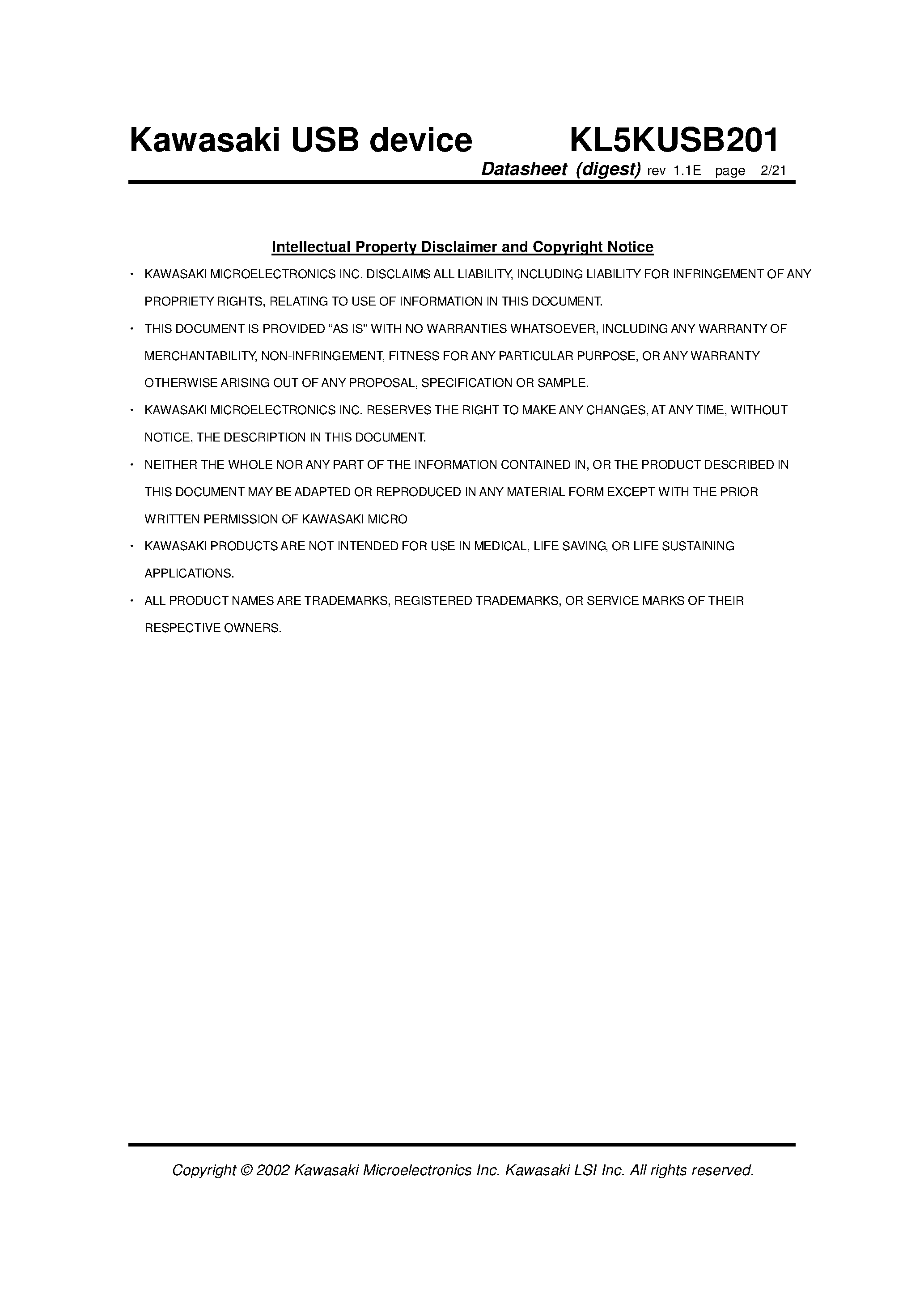 Datasheet KL5KUSB201 - USB2.0 Compliant Transceiver Chip page 2