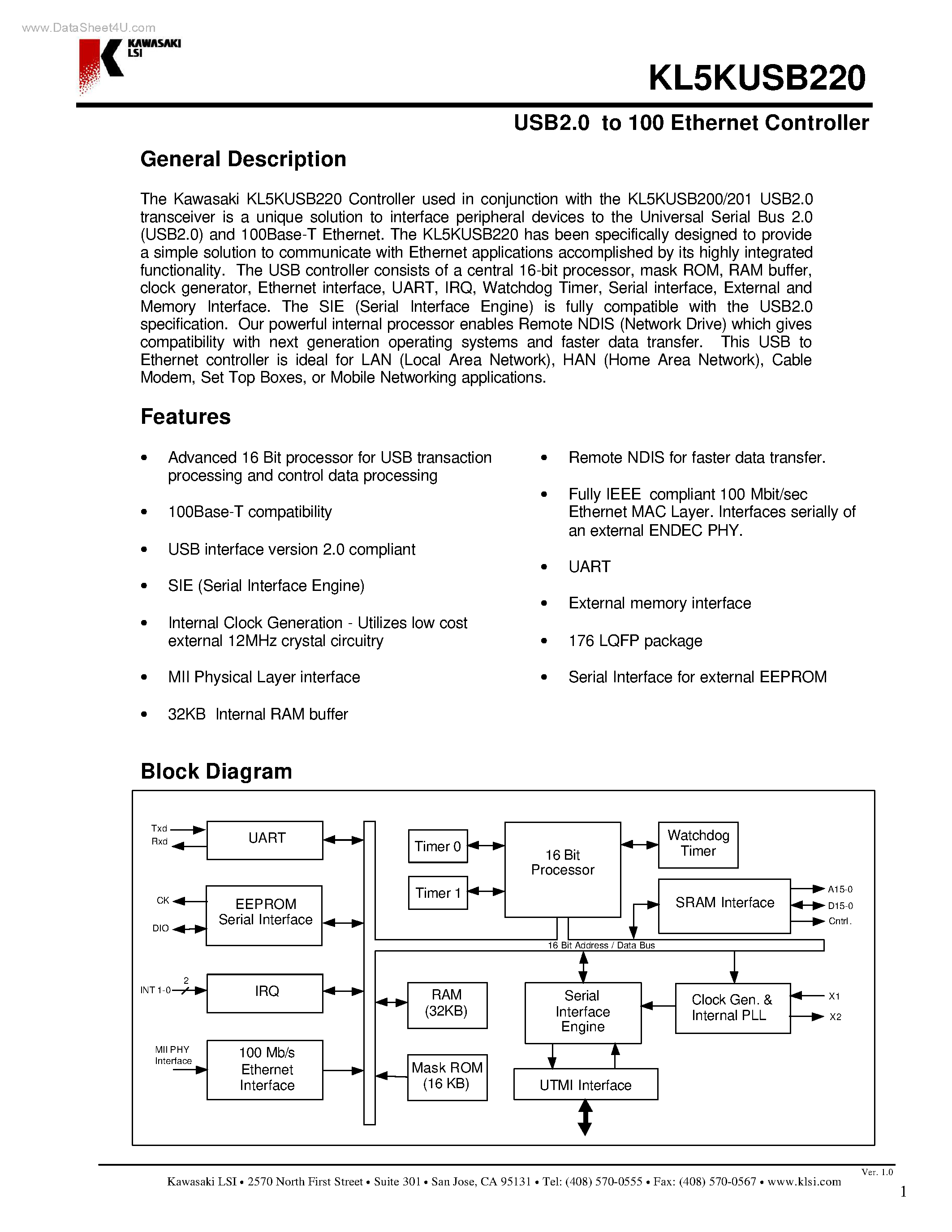 Datasheet KL5KUSB220 page 1 Datasheet KL5KUSB220 - USB2.0 to 100 Ethernet Controller page 1