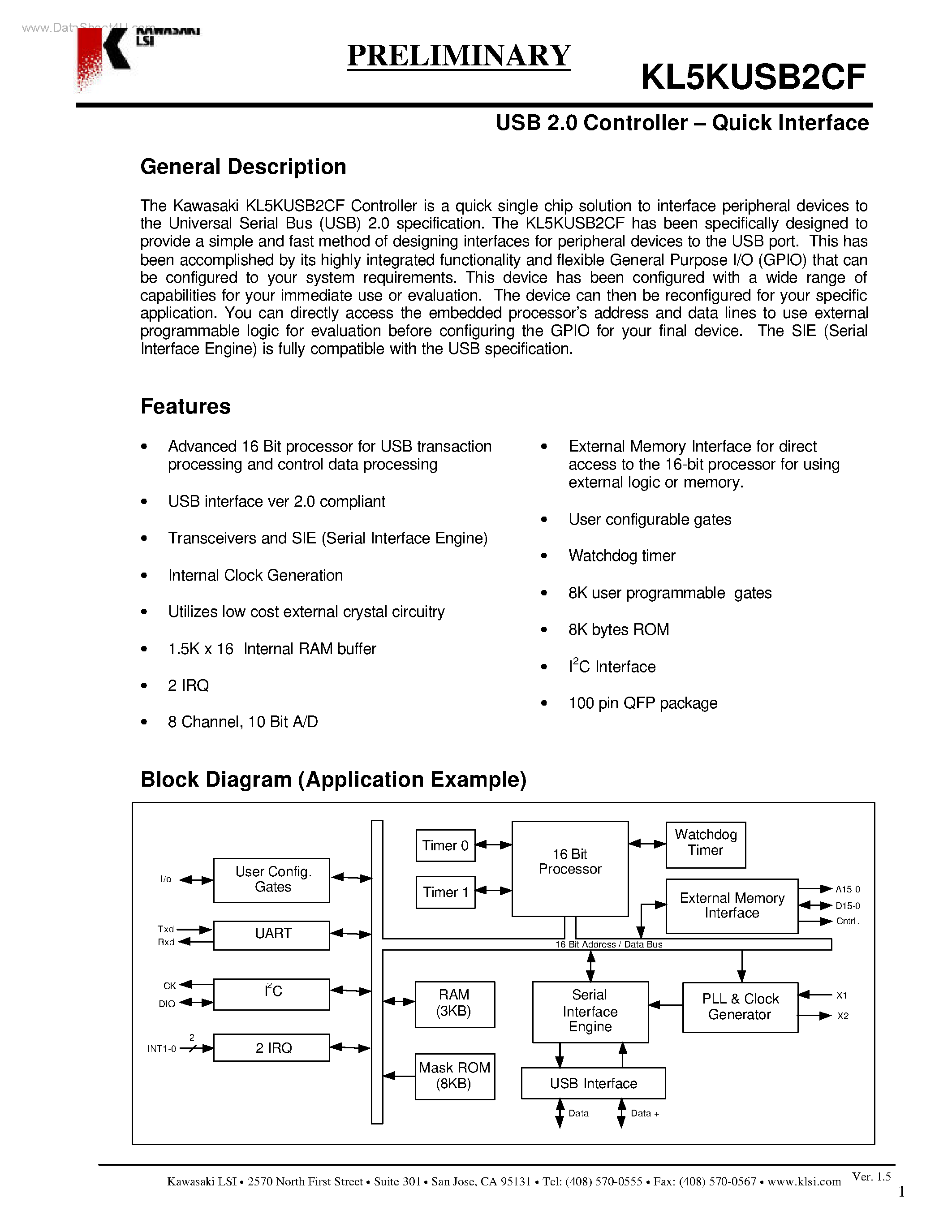 Datasheet KL5KUSB2CF - USB 2.0 Controller - Quick Interface page 1