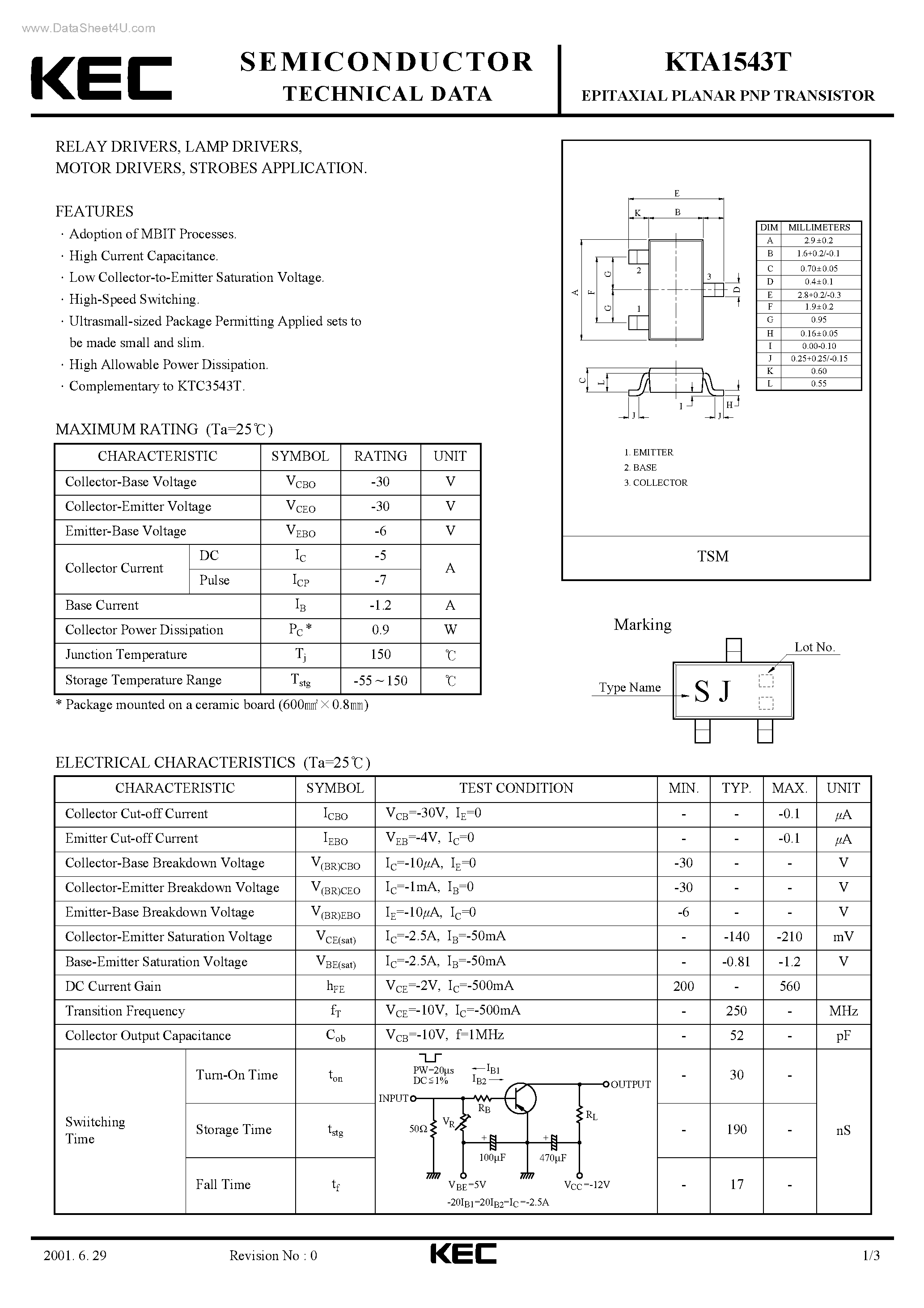 Datasheet KTA1543T page 1 Datasheet KTA1543T - EPITAXIAL PLANAR PNP TRANSISTOR page 1