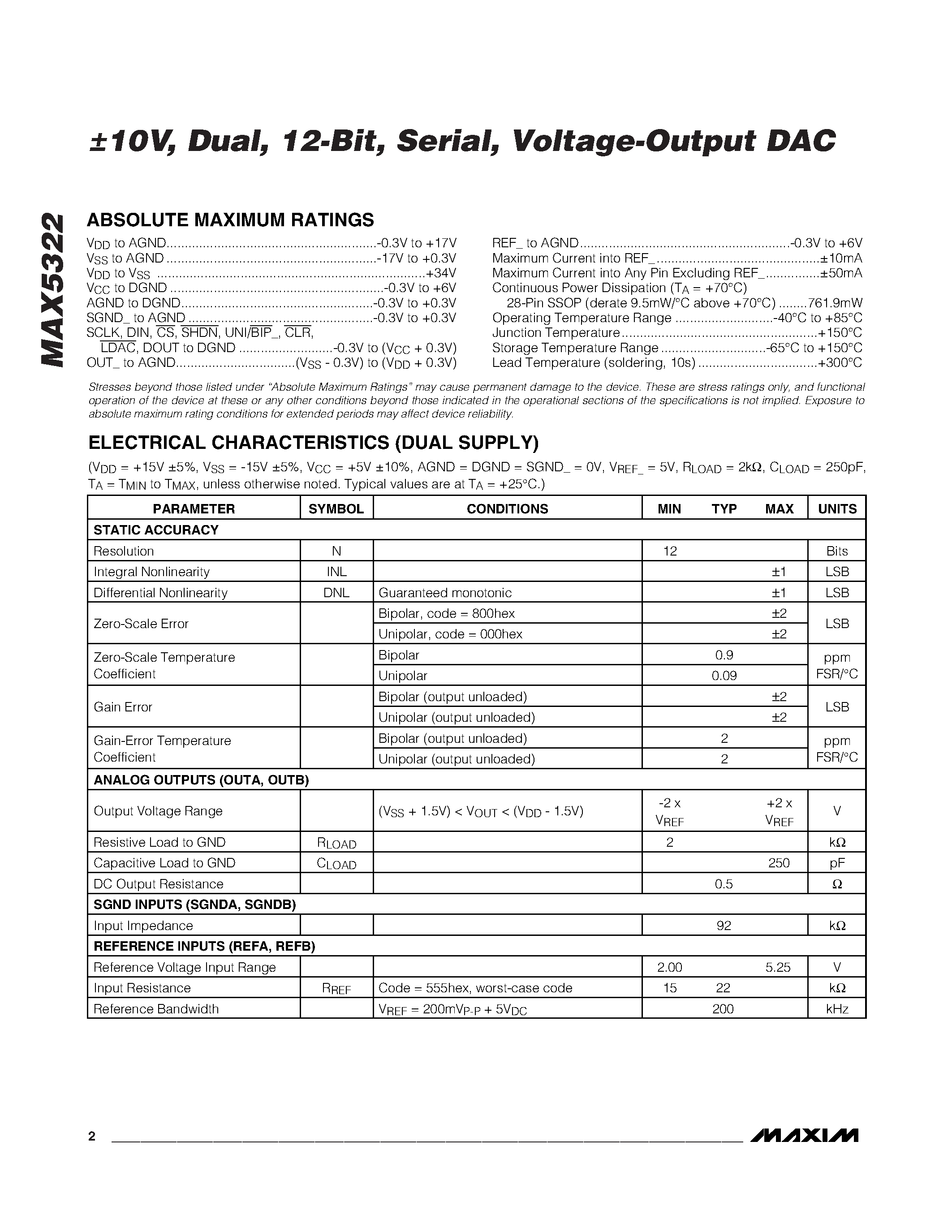 Datasheet MAX5322 - Voltage-Output DAC page 2