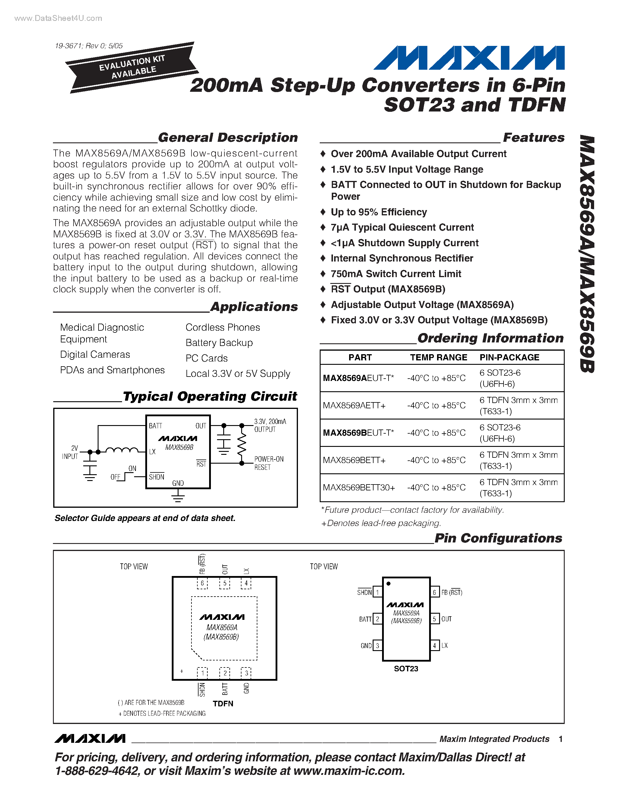 Datasheet MAX8569A - (MAX8569A / MAX8569B) 200mA Step-Up Converters page 1