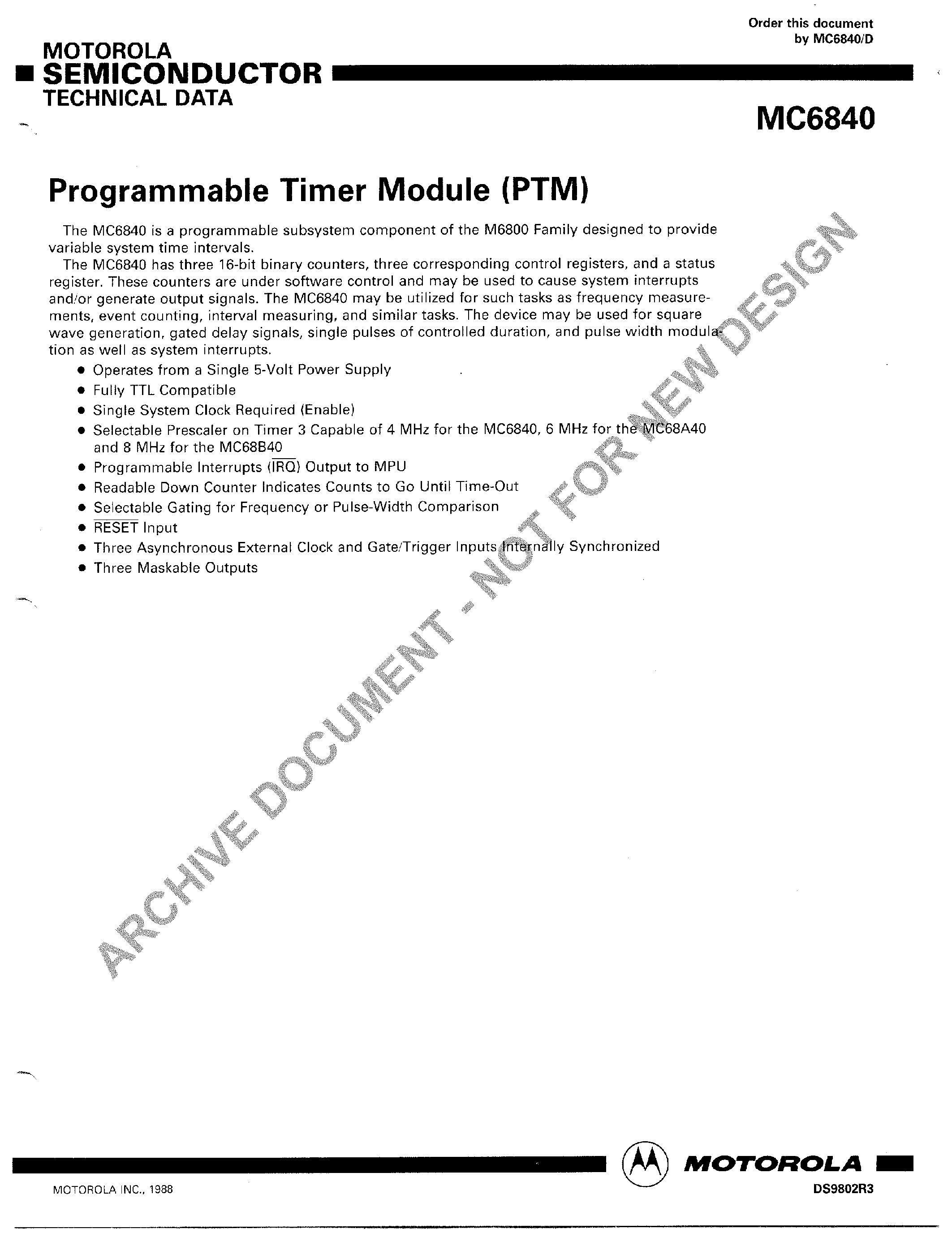 Datasheet MC6840 - Programmable Timer Module page 1