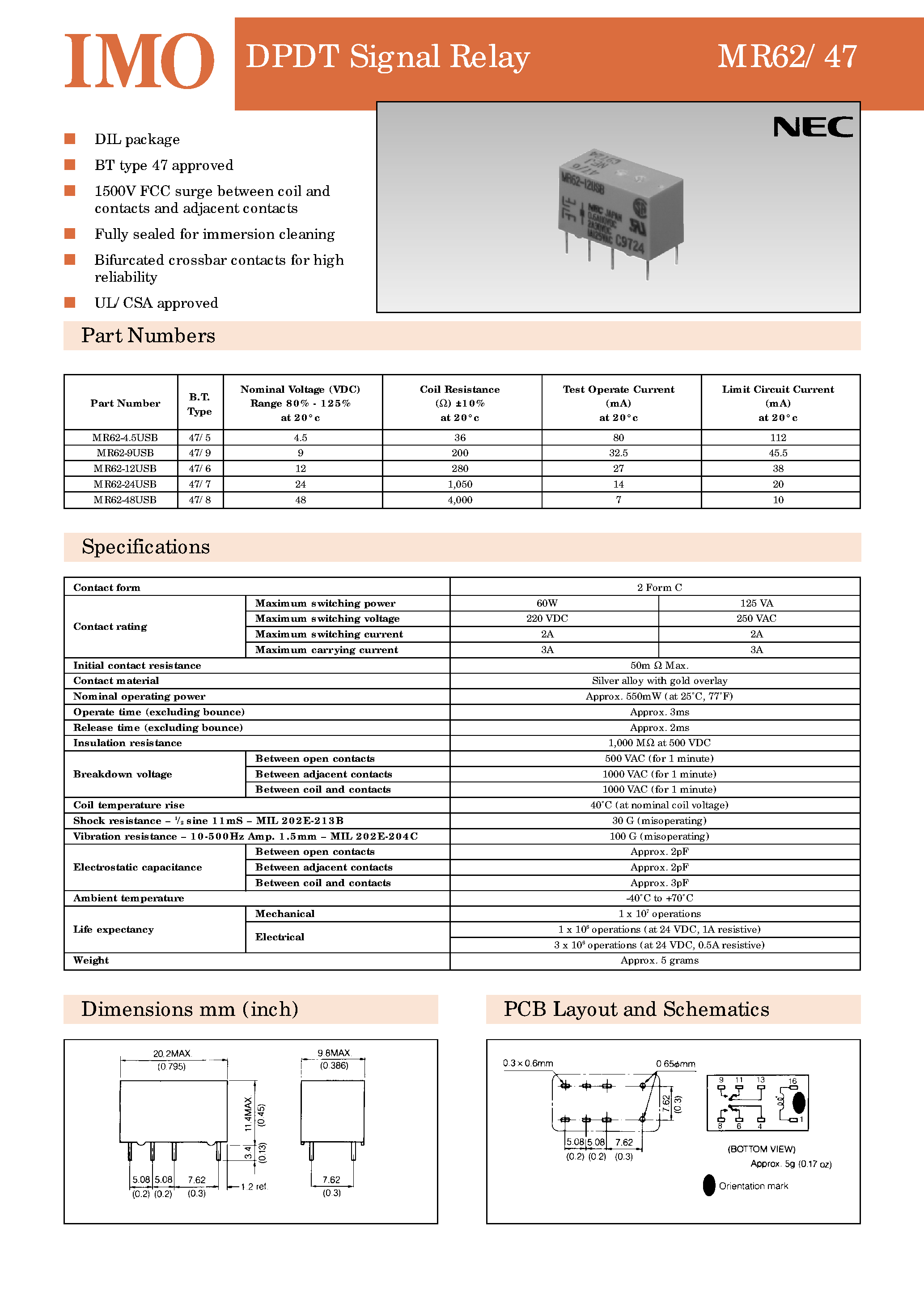 Даташит MR47 - (MR62 / MR47) DPDT Signal Relay страница 1