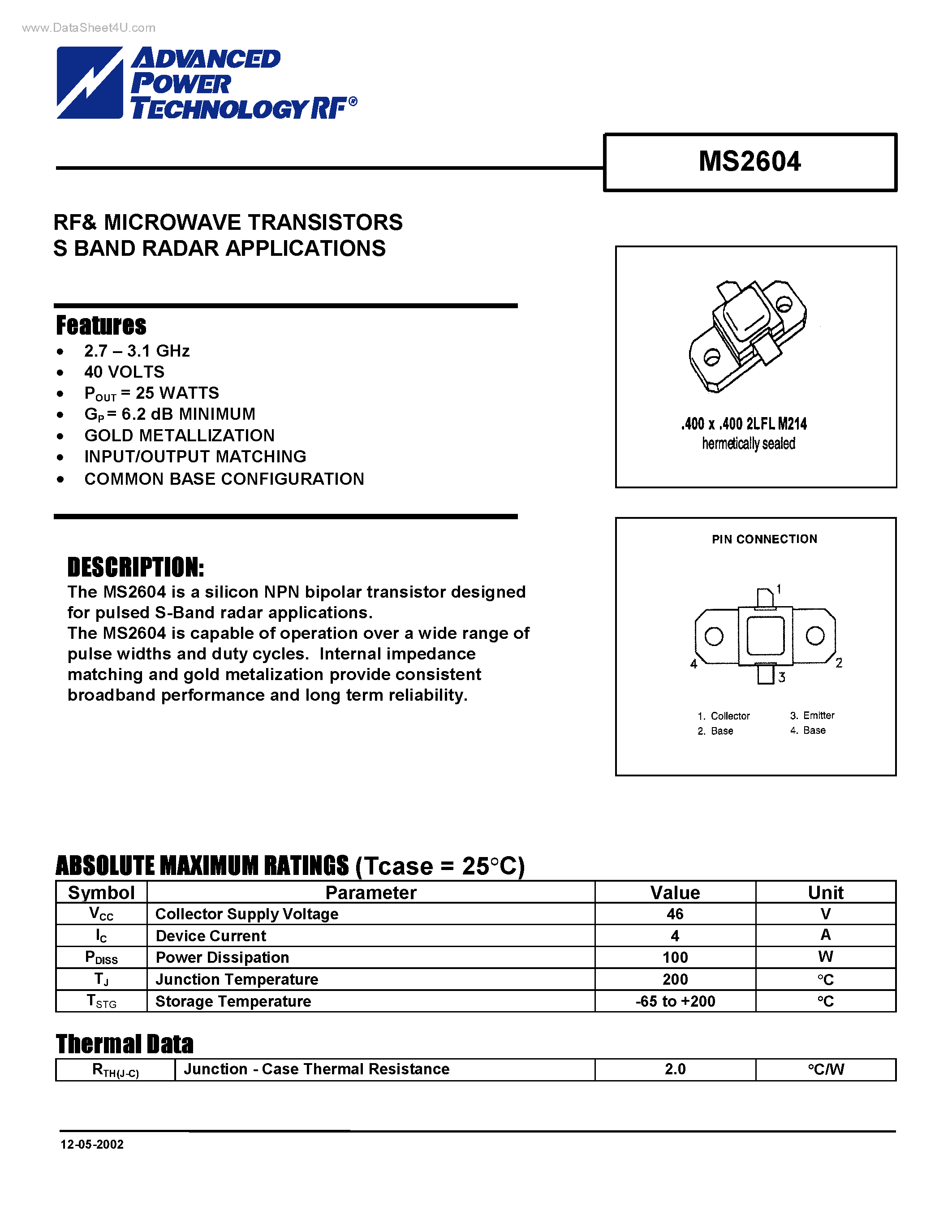 Datasheet MS2604 - RF& MICROWAVE TRANSISTORS S BAND RADAR APPLICATIONS page 1