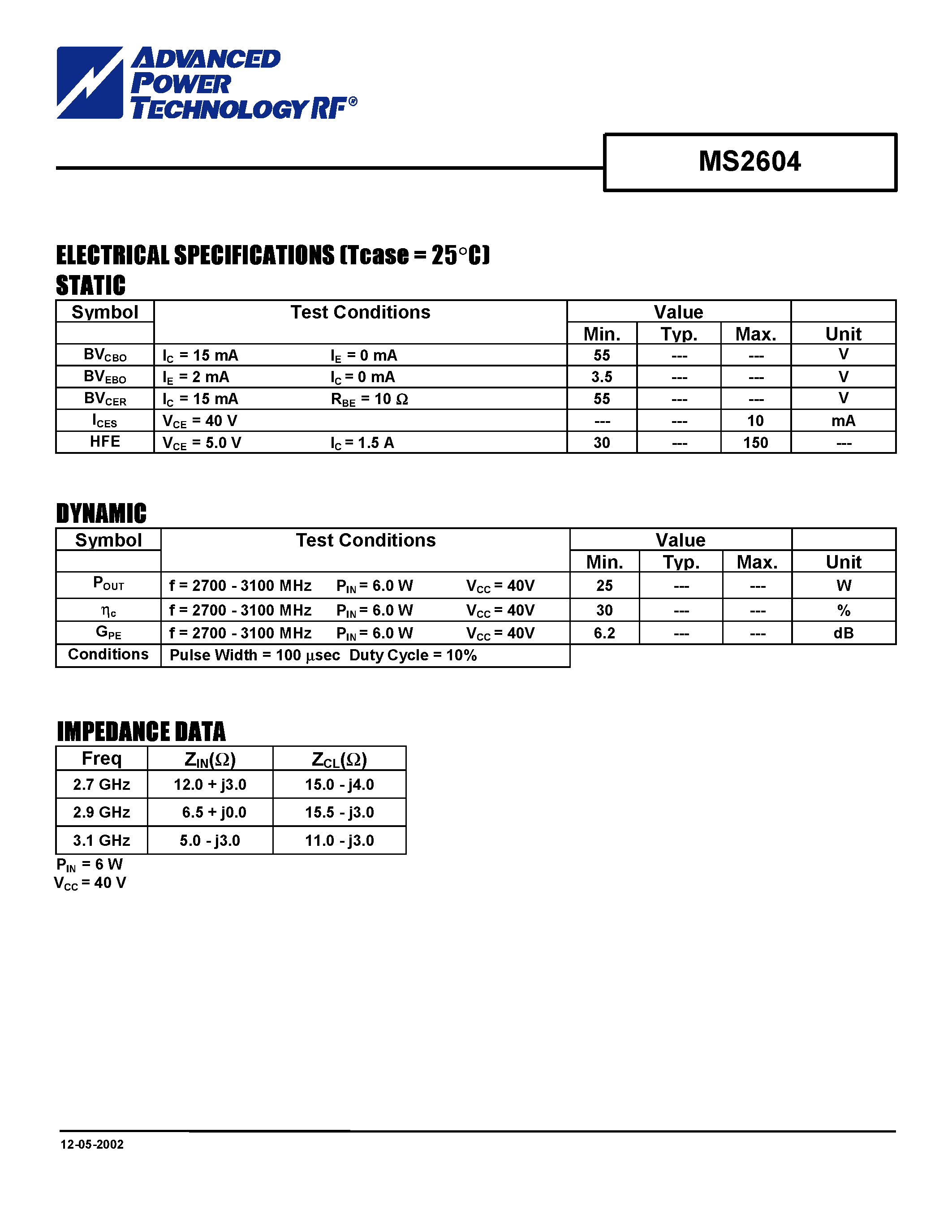 Datasheet MS2604 - RF& MICROWAVE TRANSISTORS S BAND RADAR APPLICATIONS page 2