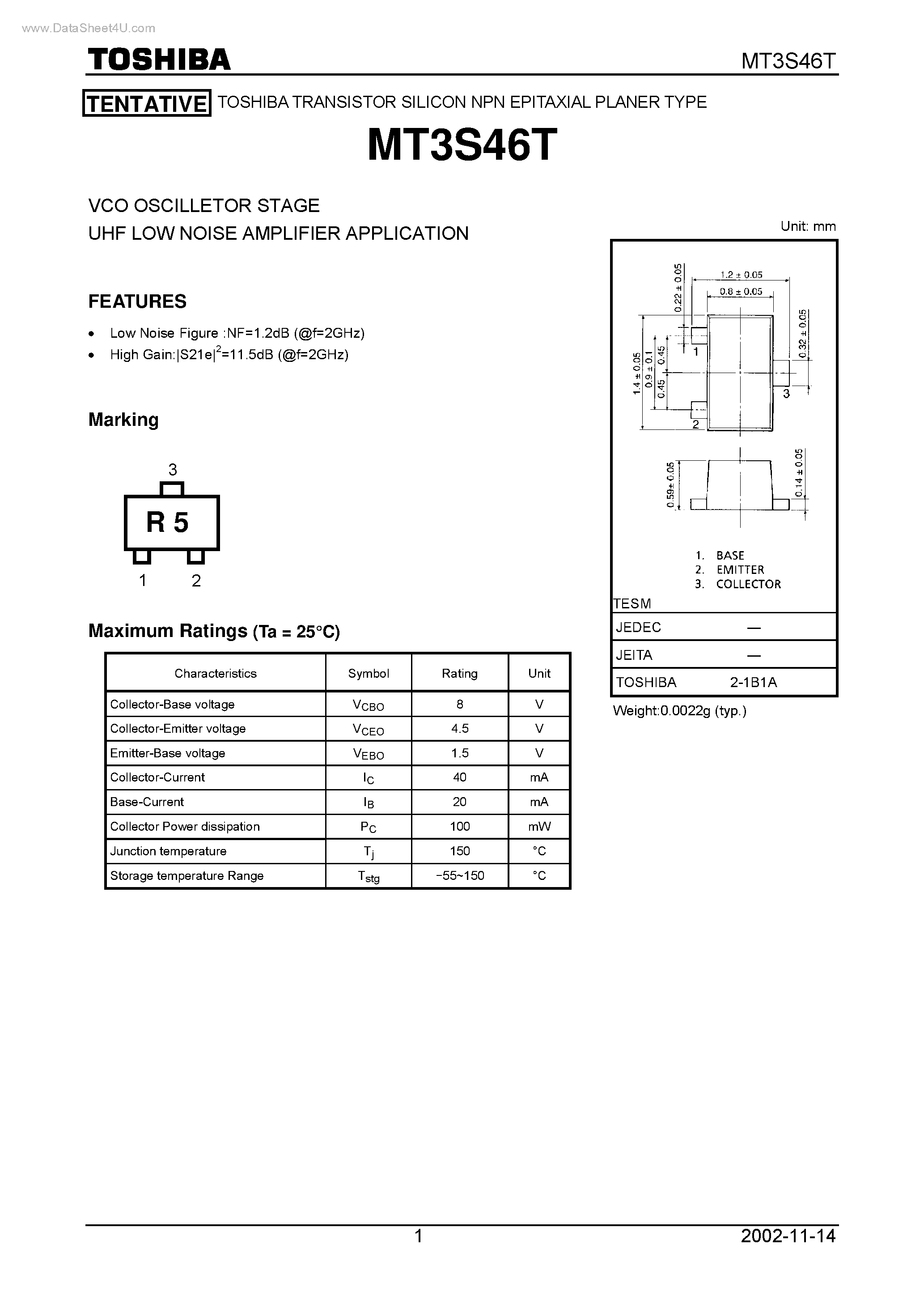 Datasheet MT3S46T - VCO OSCILLETOR STAGE UHF LOW NOISE AMPLIFIER APPLICATION page 1