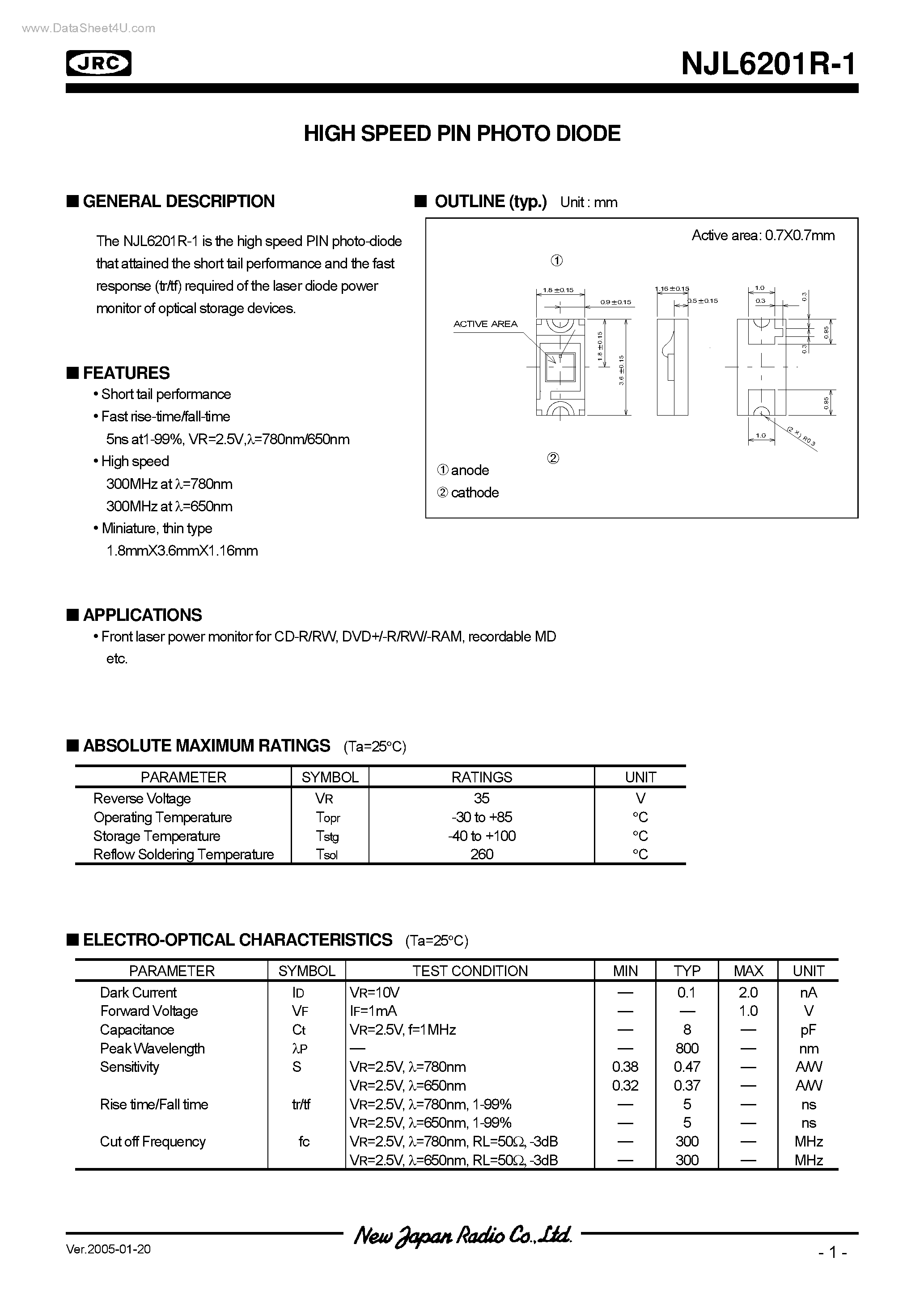 Datasheet NJL6201R-1 - HIGH SPEED PIN PHOTO DIODE page 1
