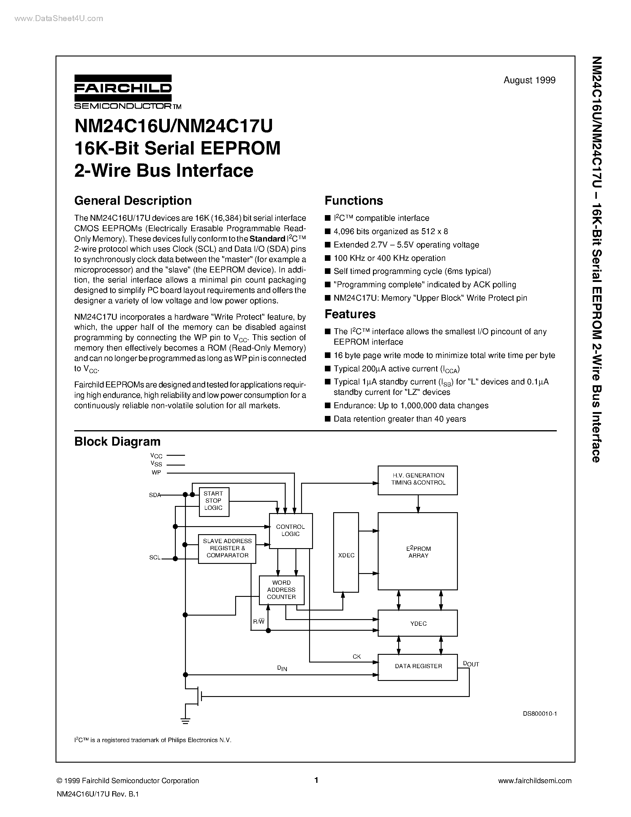 Datasheet NM24C16U page 1 Datasheet NM24C16U - (NM24C16U / NM24C17U) 16K-Bit Serial EEPROM 2-Wire Bus Interface page 1