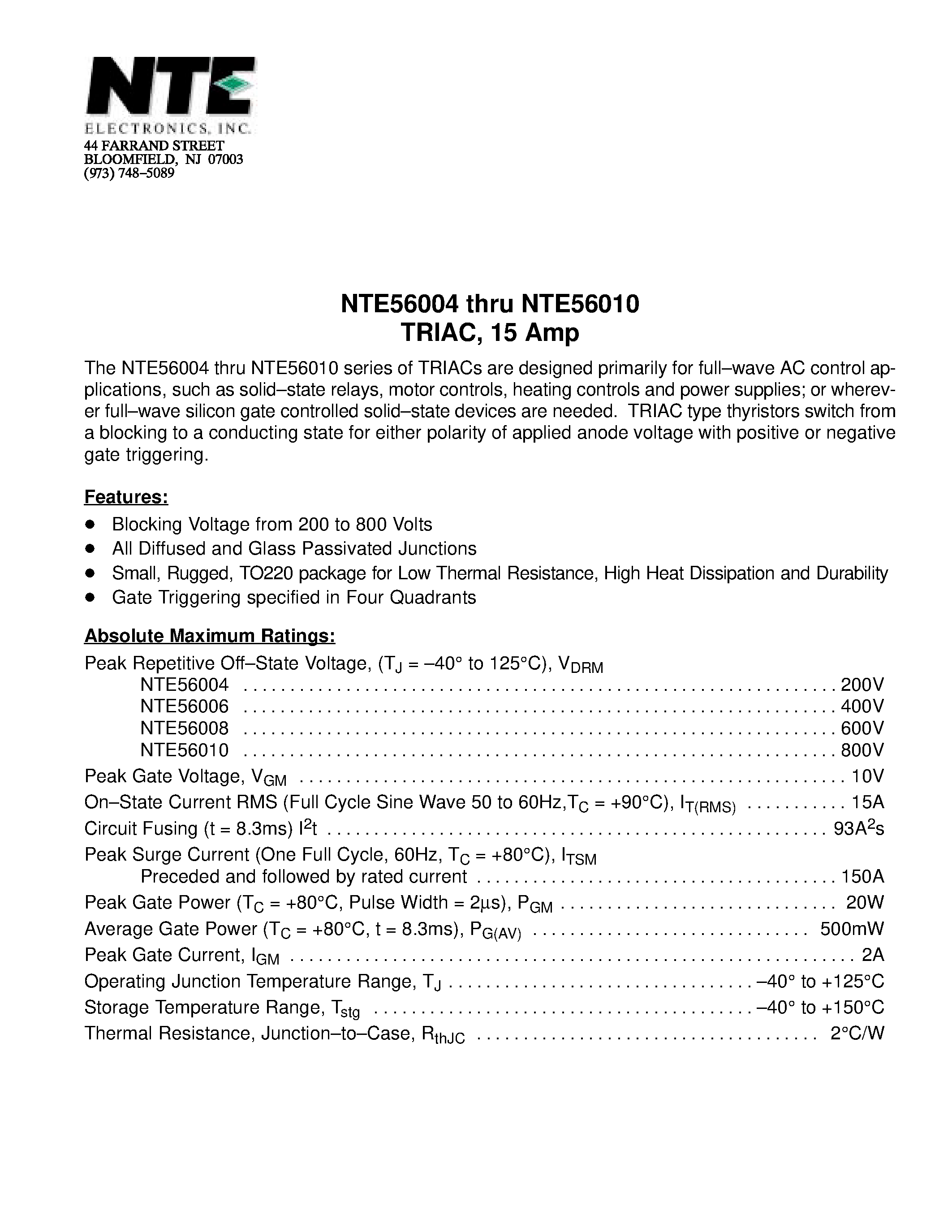 Datasheet NTE56004 page 1 Datasheet NTE56004 - (NTE56004 - NTE56010) TRIAC / 15 Amp page 1
