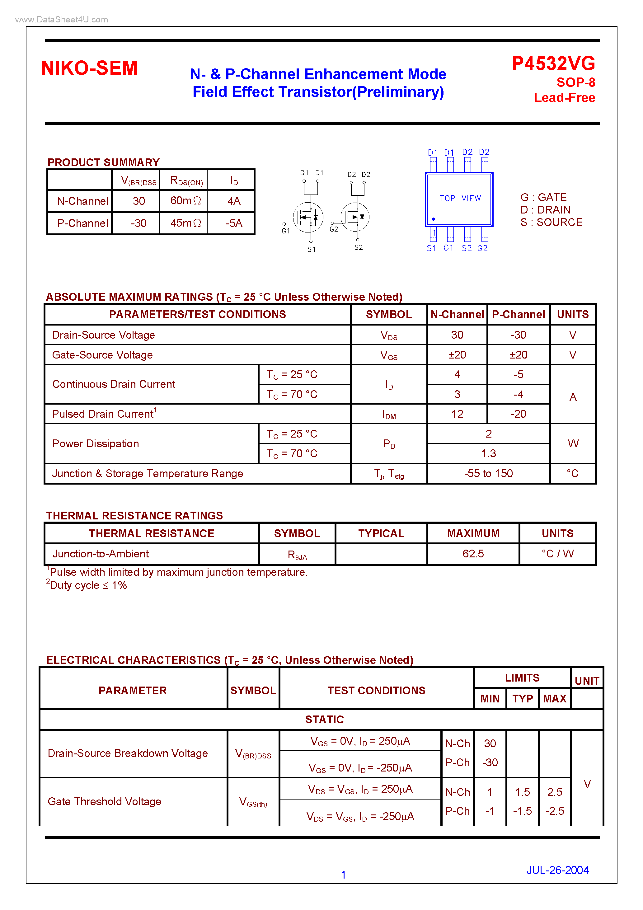 Datasheet P4532VG - N- & P-Channel Enhancement Mode Field Effect Transistor page 1