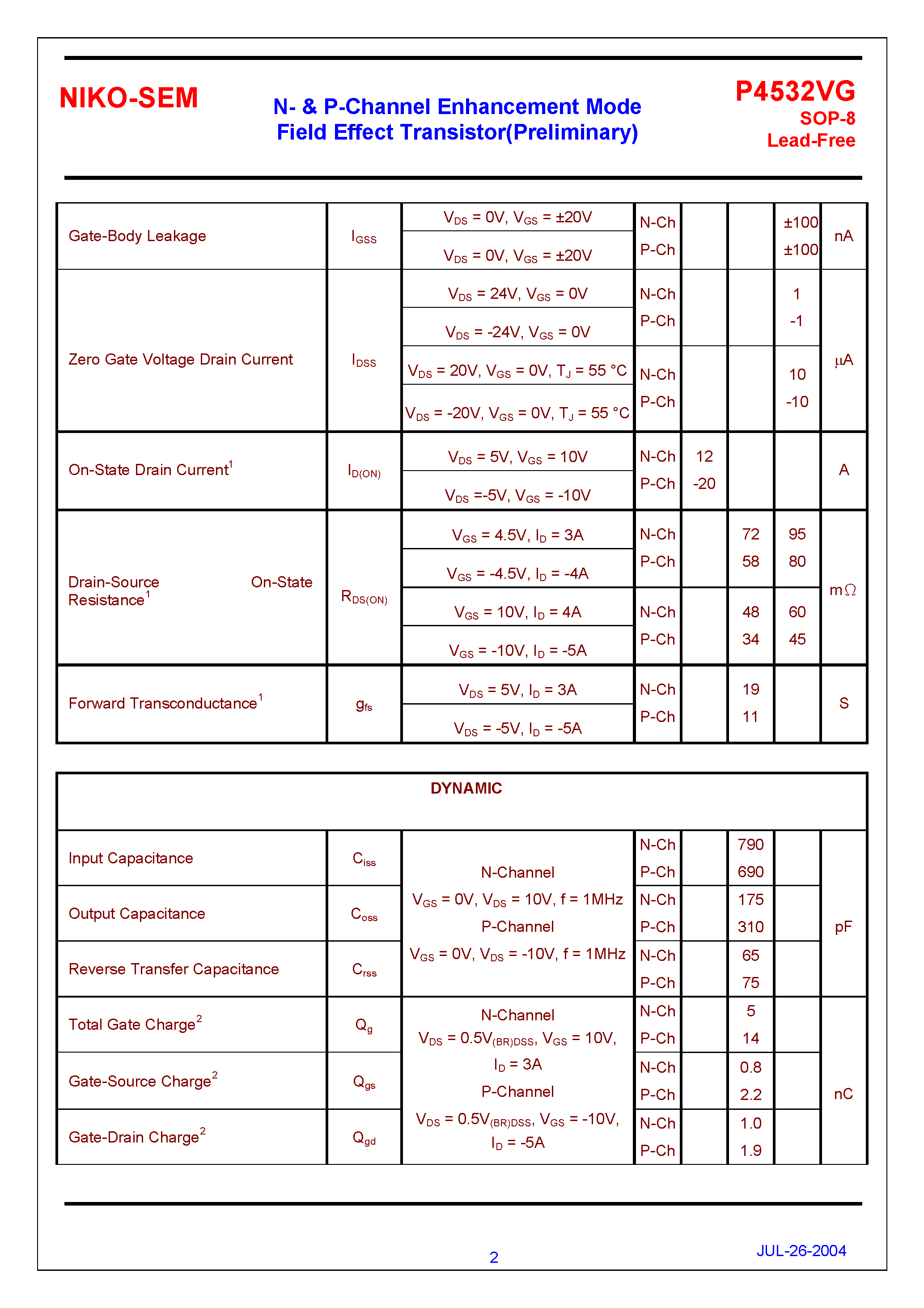Datasheet P4532VG - N- & P-Channel Enhancement Mode Field Effect Transistor page 2