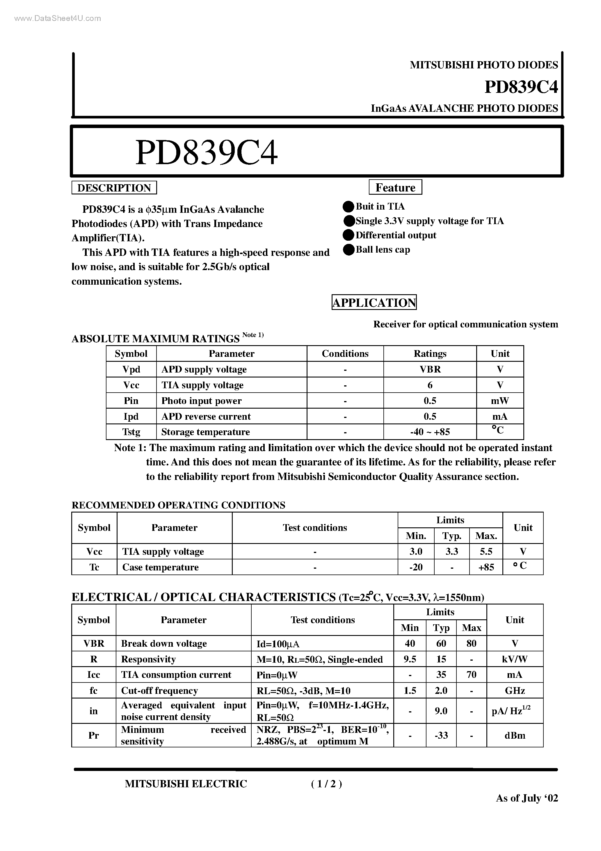 Даташит PD839C4 - InGaAs AVALANCHE PHOTO DIODES страница 1