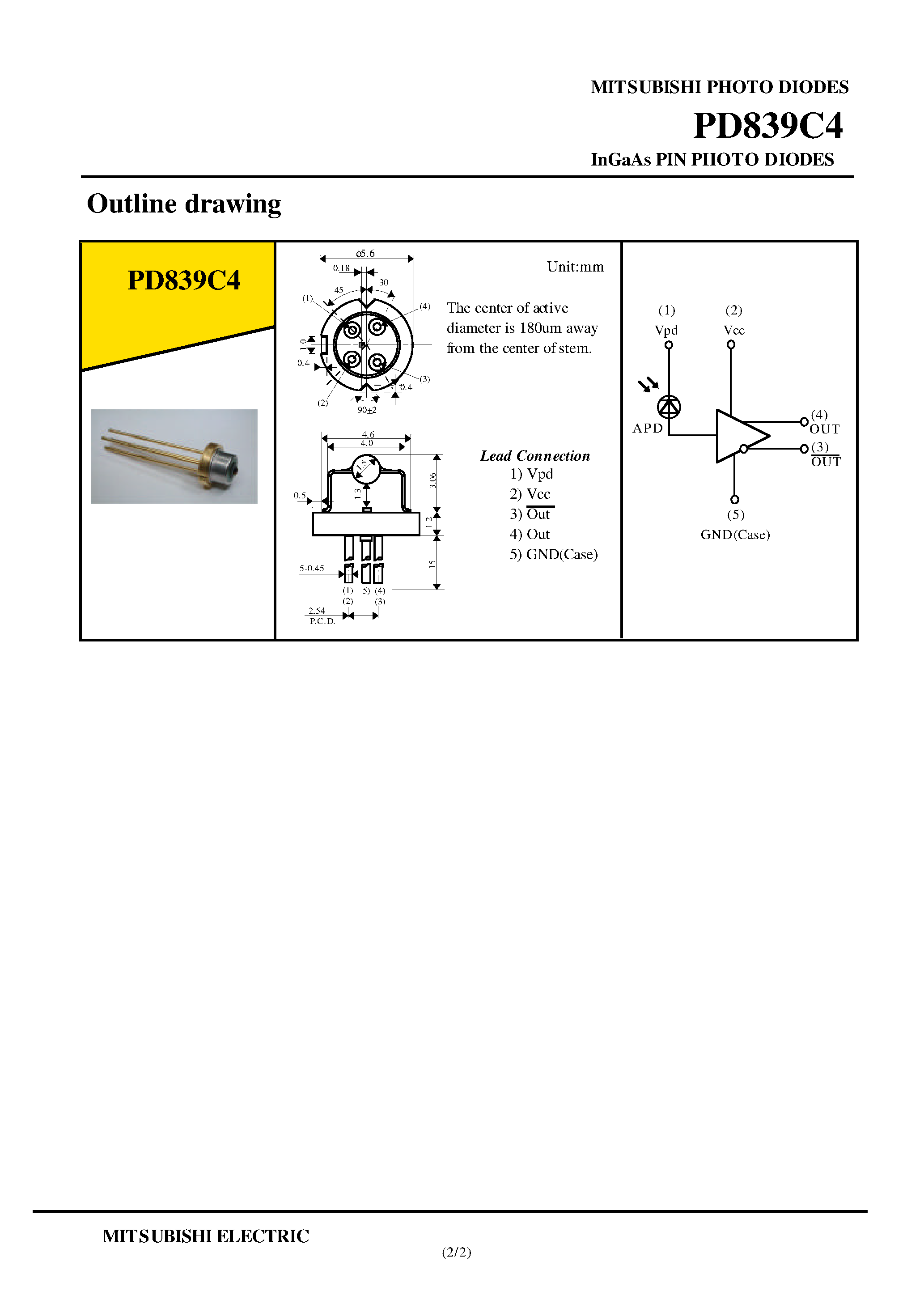Даташит PD839C4 - InGaAs AVALANCHE PHOTO DIODES страница 2