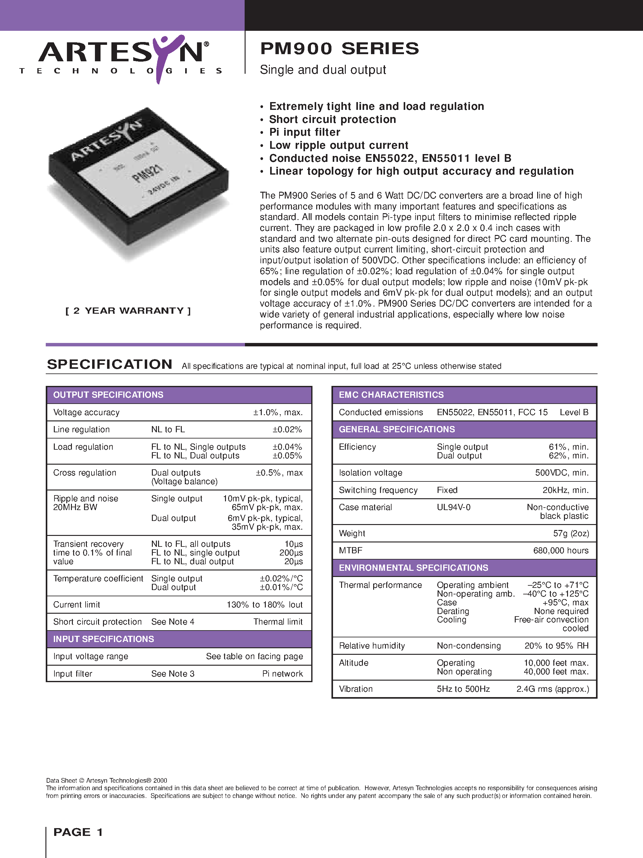 Datasheet PM990 - (PM990 Series) Single and dual output 5 to 6 Watt Nominal input DC/DC converters page 1