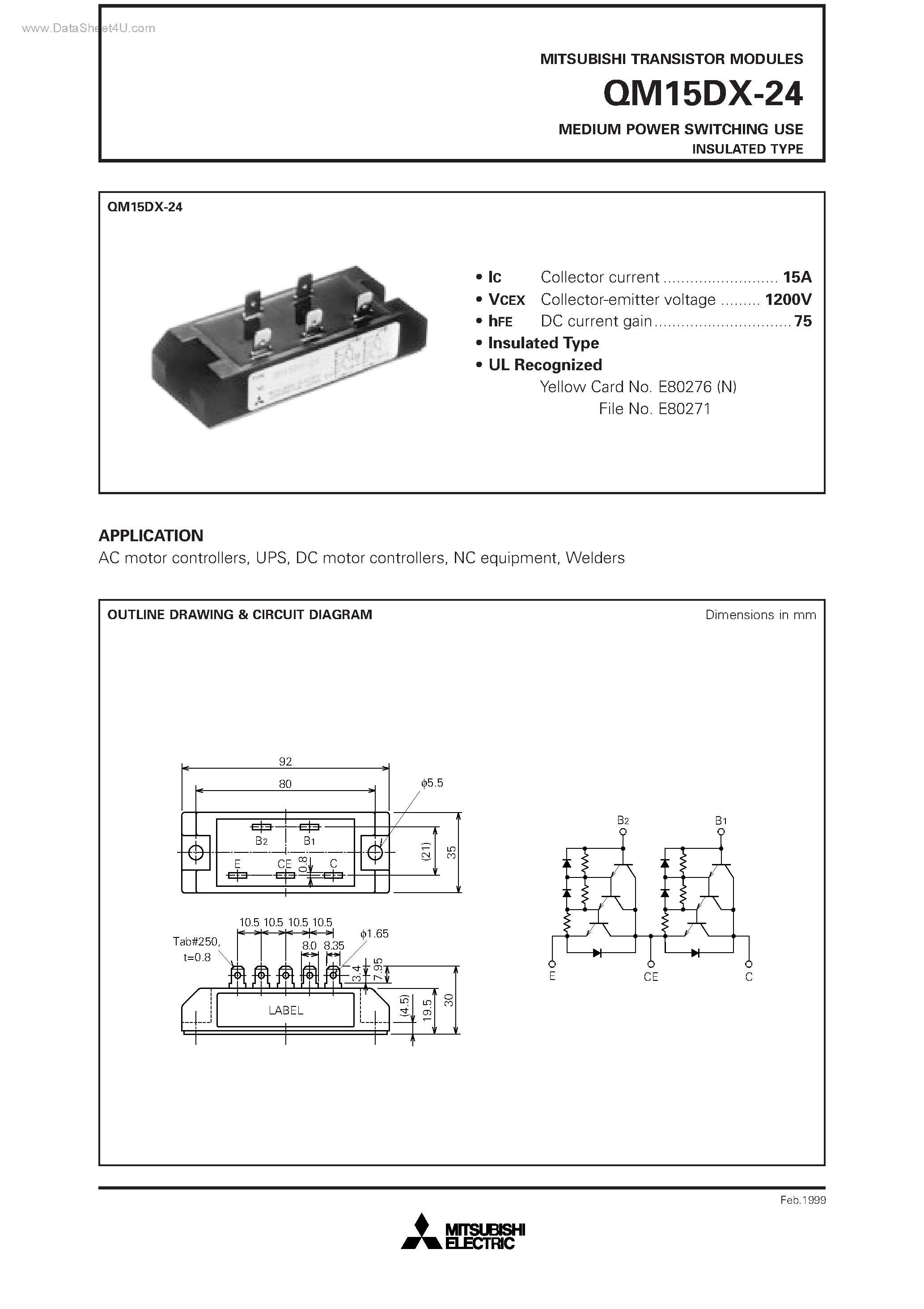 Datasheet QM15DX-24 page 1 Datasheet QM15DX-24 - MEDIUM POWER SWITCHING USE INSULATED TYPE page 1