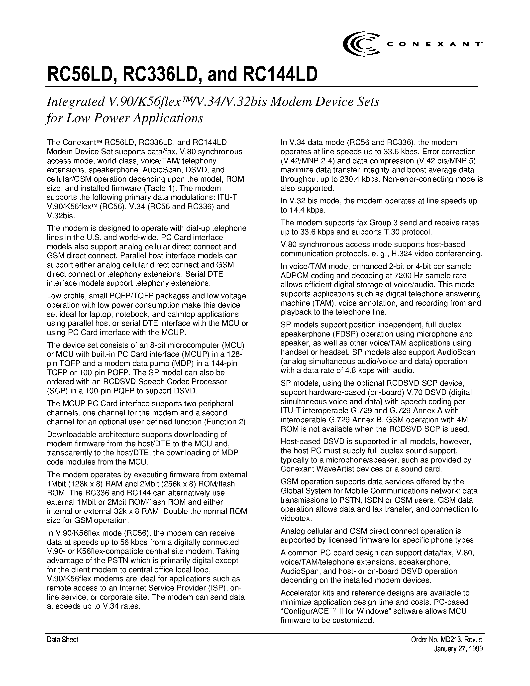 Даташит RC144LD - Integrated V.90/K56flex/V.34/V.32bis Modem Device Sets страница 1