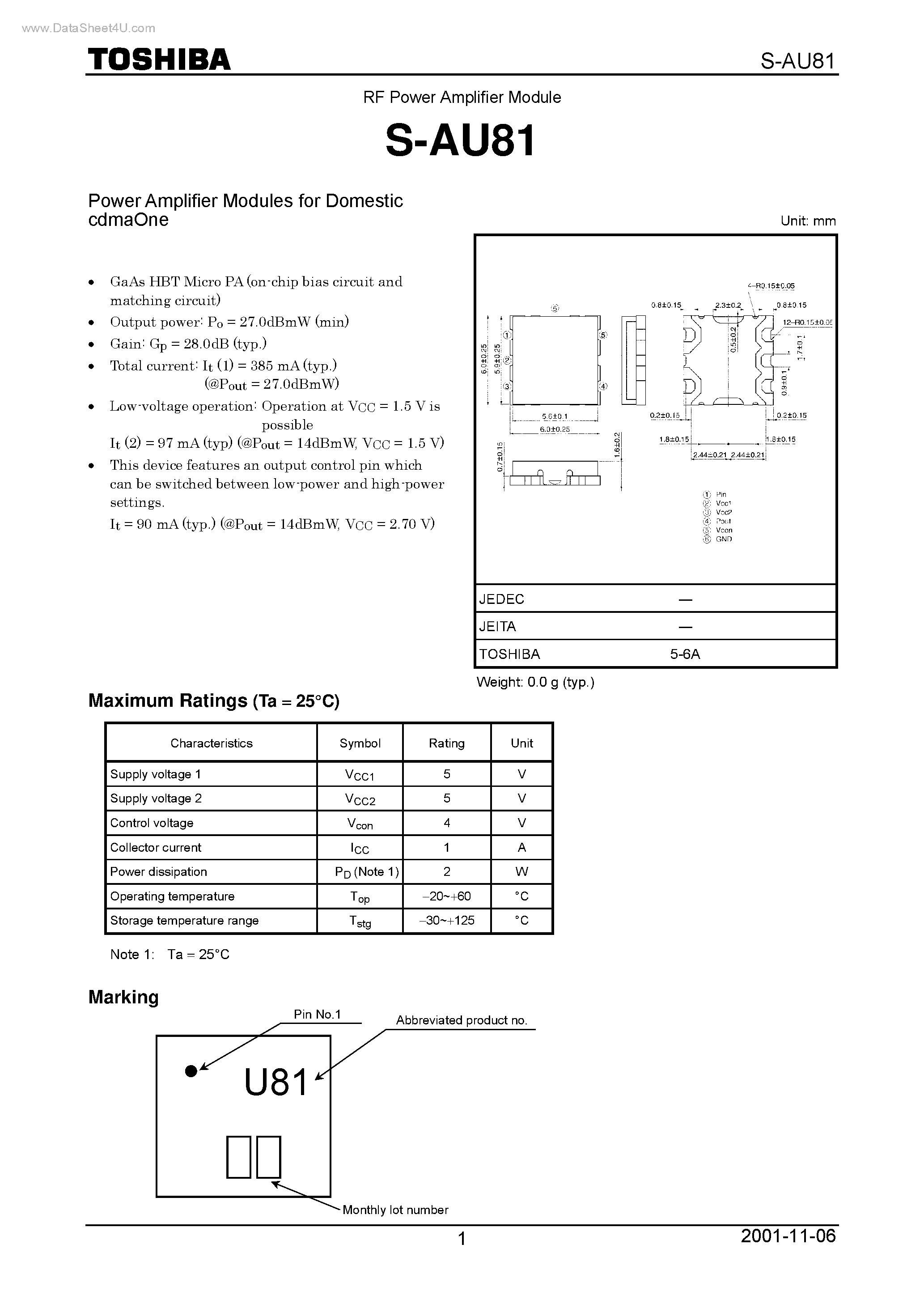 Datasheet S-AU81 page 1 Datasheet S-AU81 - RF Power Amplifier Module page 1