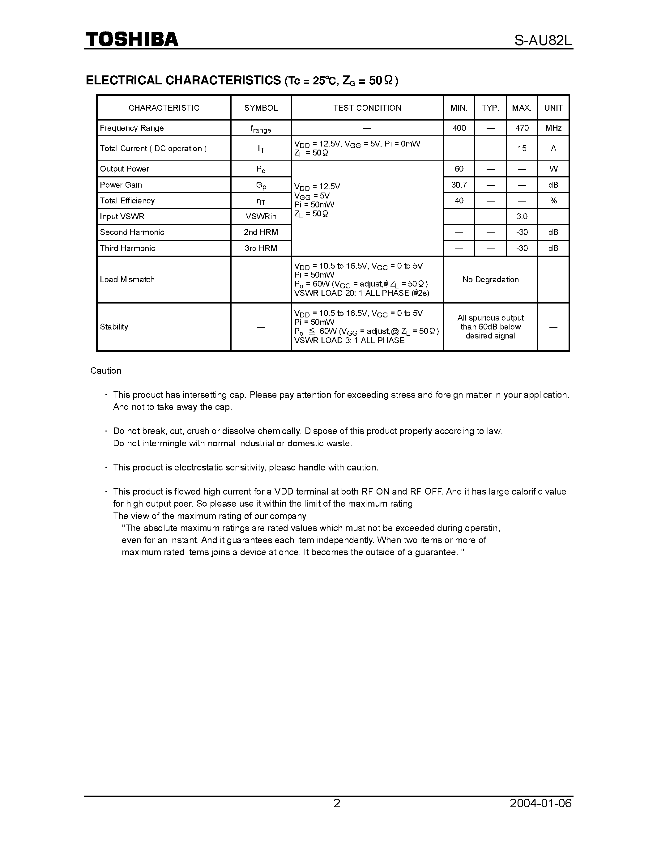 Datasheet S-AU82L - FM RF POWER AMPLIFIER MODULE page 2