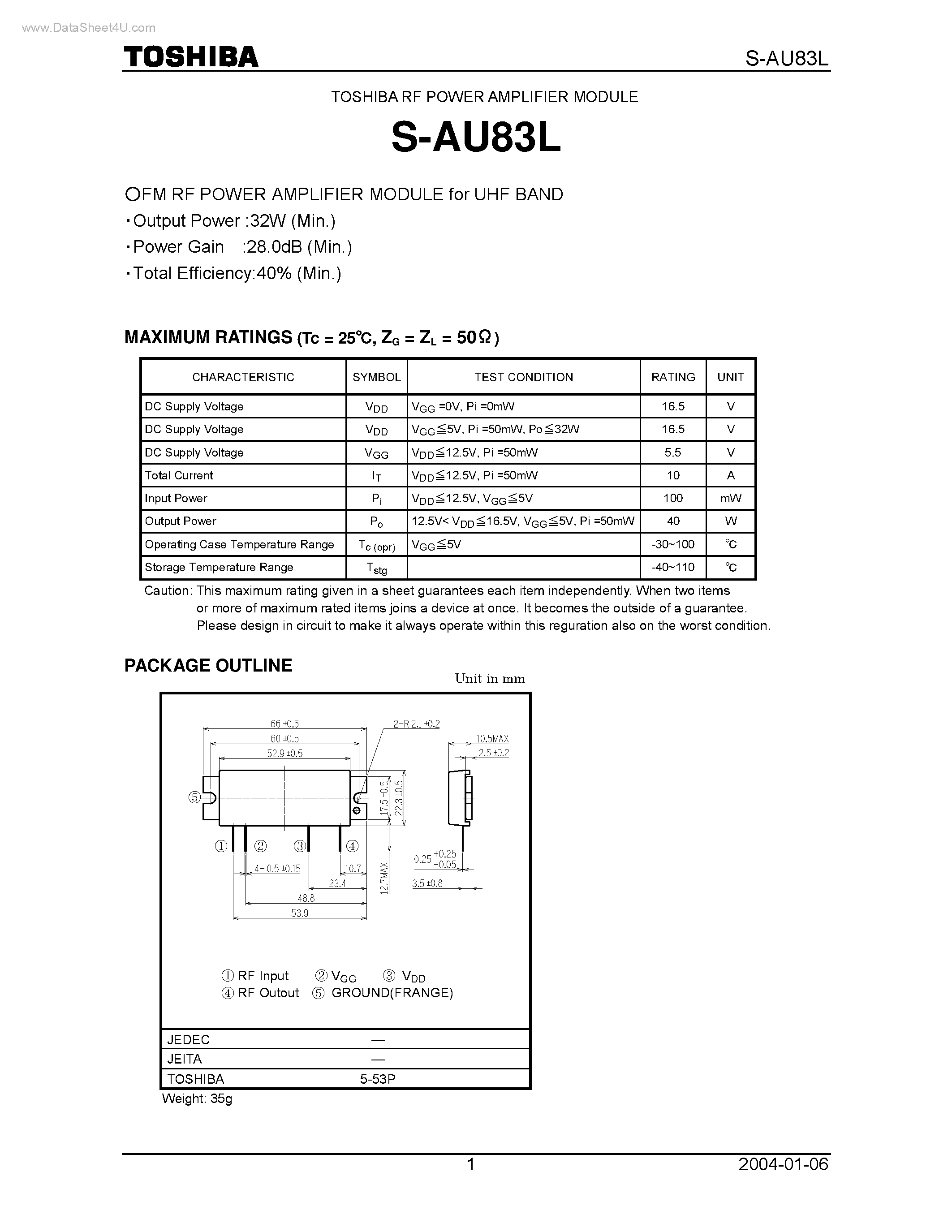 Datasheet S-AU83L - FM RF POWER AMPLIFIER MODULE page 1