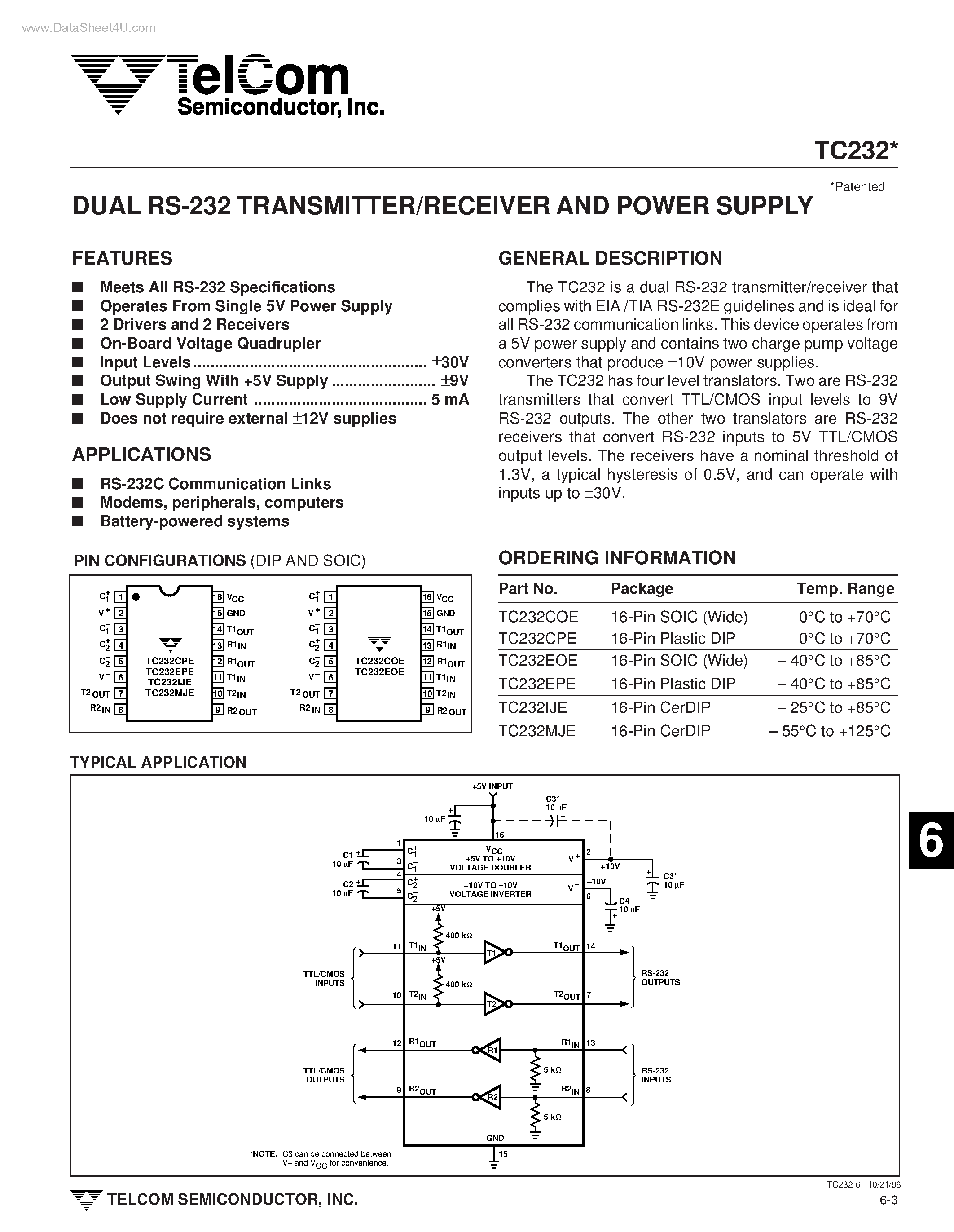 Даташит на микросхему TC232 страница 1 Даташит TC232 - DUAL RS-232 TRANSMITTER/RECEIVER AND POWER SUPPLY страница 1