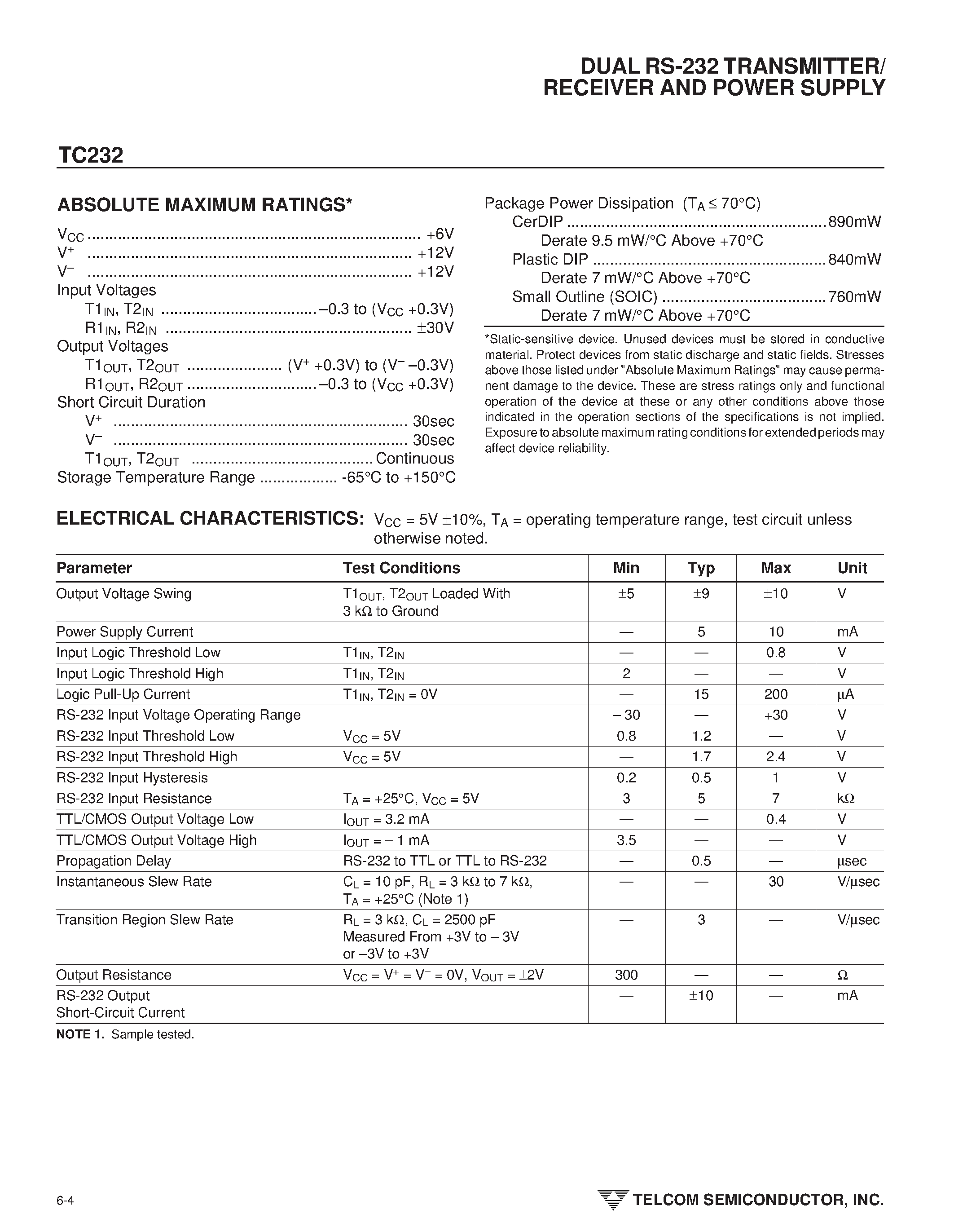 Даташит на микросхему TC232 страница 2 Даташит TC232 - DUAL RS-232 TRANSMITTER/RECEIVER AND POWER SUPPLY страница 2