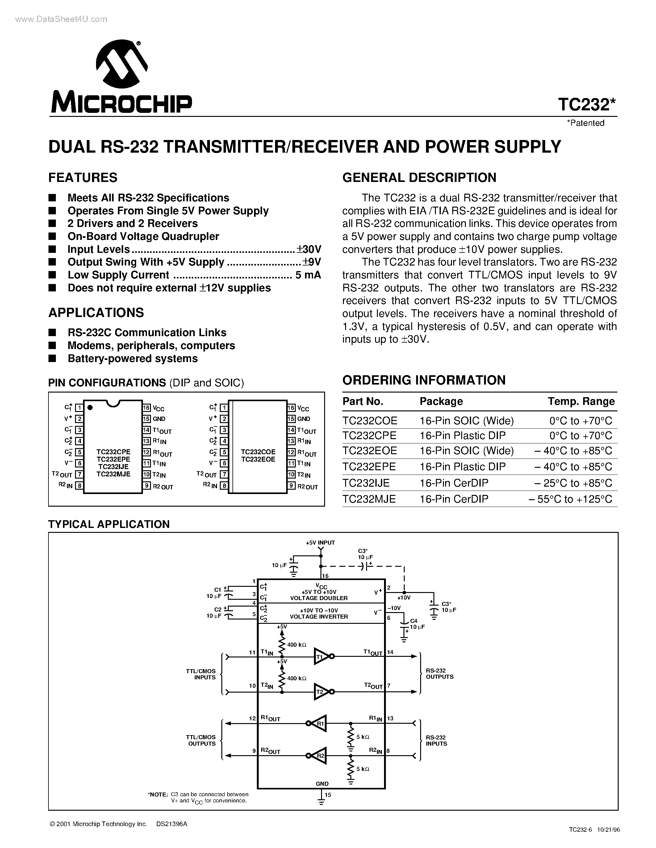 Даташит на микросхему TC232 страница 1 Даташит TC232 - DUAL RS-232 TRANSMITTER/RECEIVER AND POWER SUPPLY страница 1