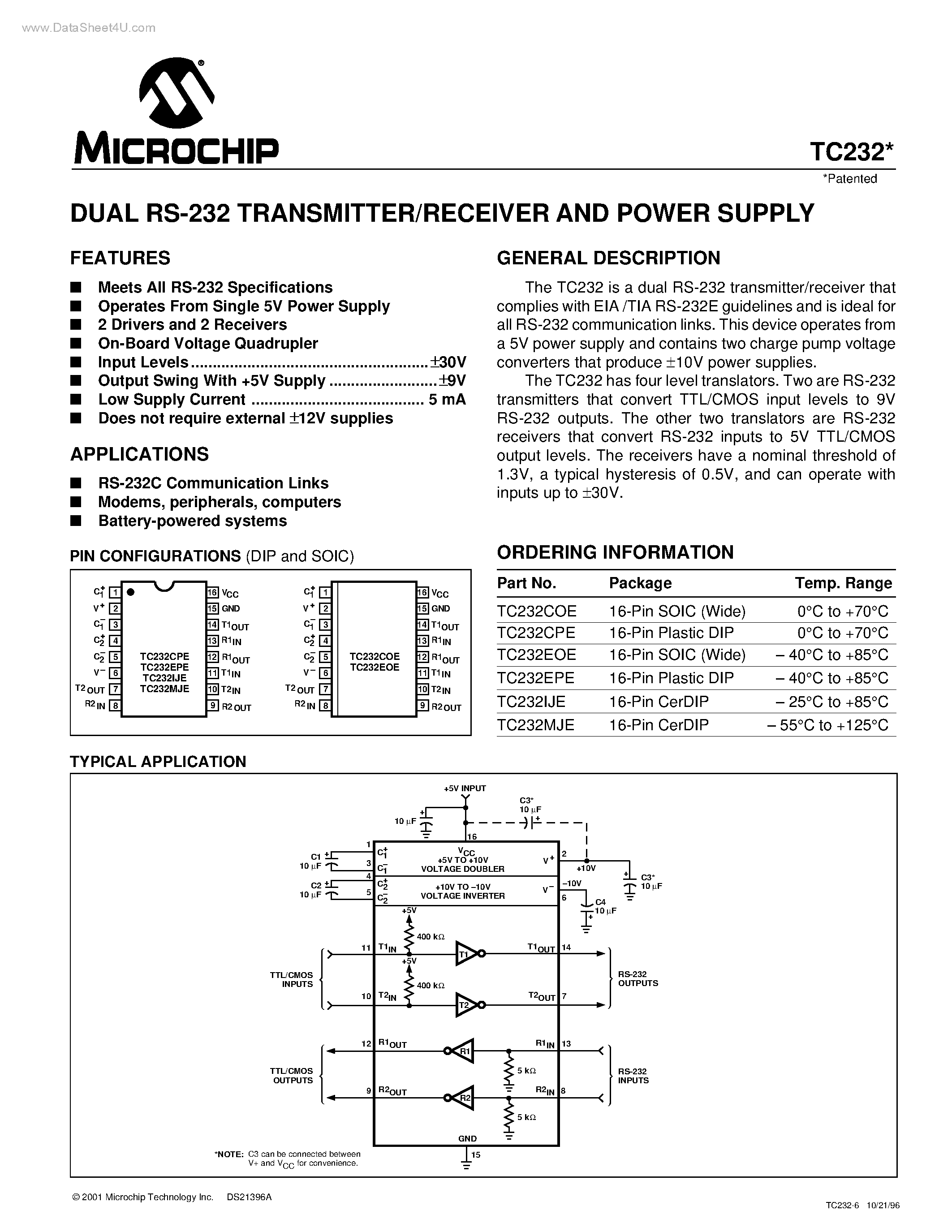 Datasheet TC232 - DUAL RS-232 TRANSMITTER/RECEIVER AND POWER SUPPLY page 1