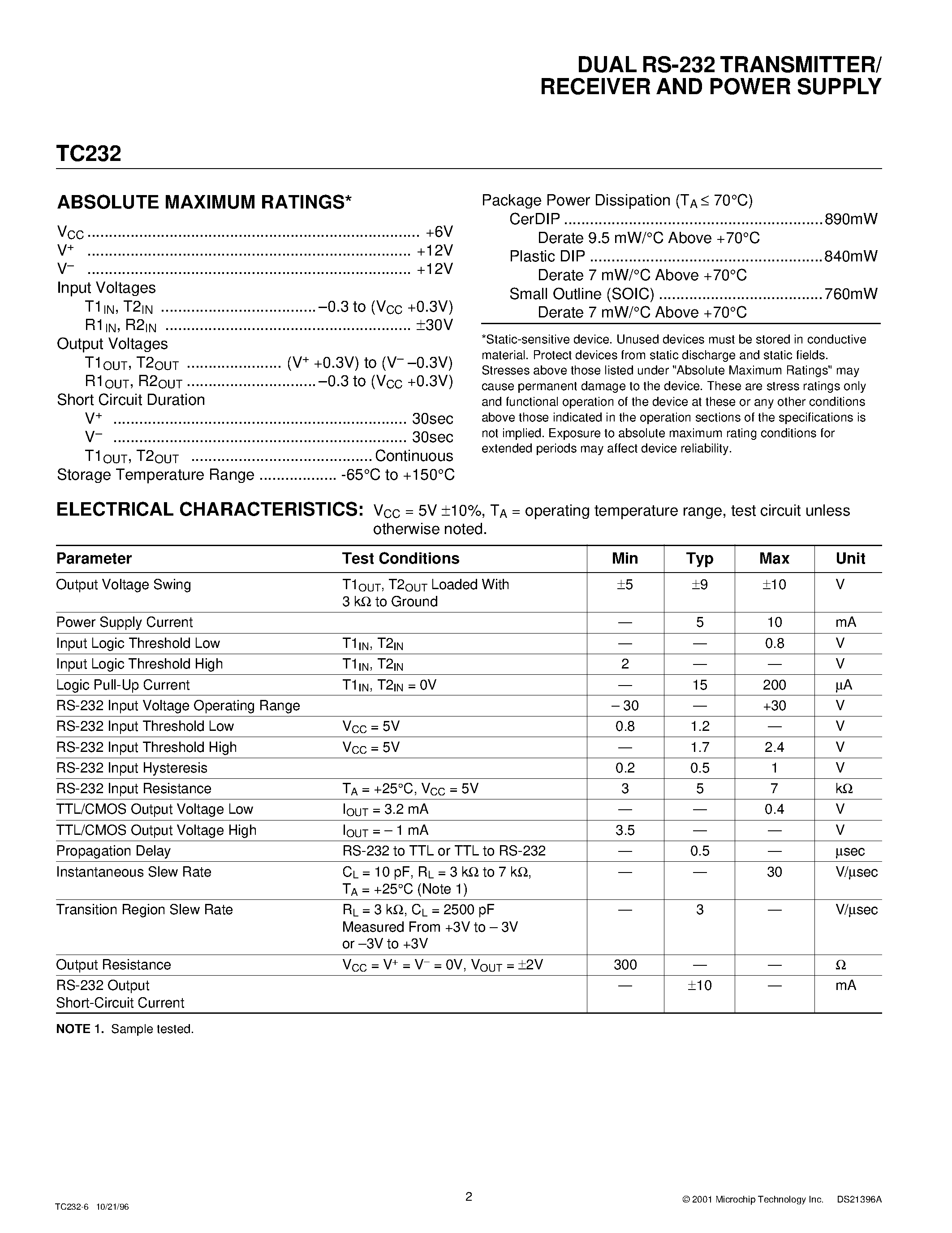Datasheet TC232 - DUAL RS-232 TRANSMITTER/RECEIVER AND POWER SUPPLY page 2