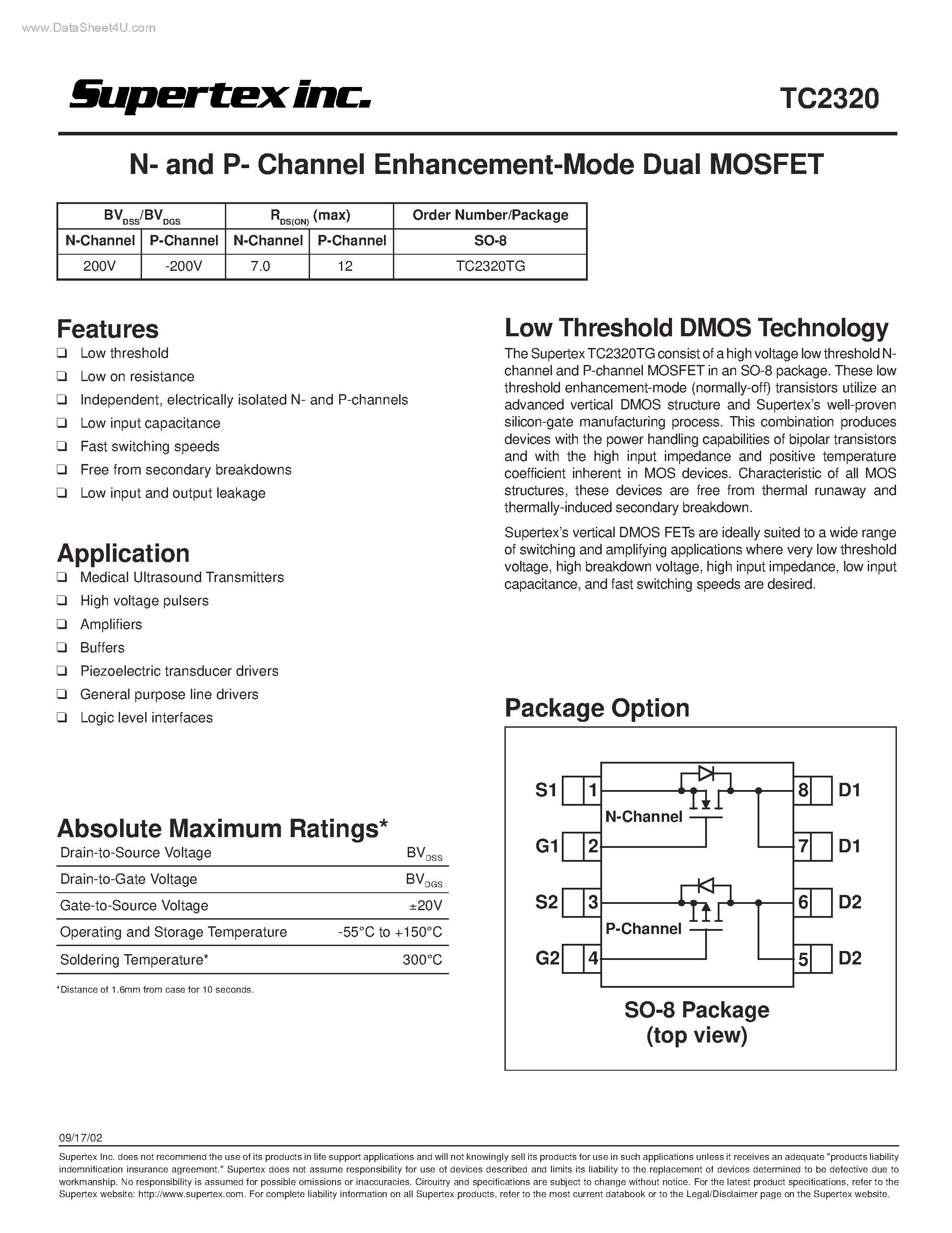 Даташит TC2320 - N- and P- Channel Enhancement-Mode Dual MOSFET страница 1