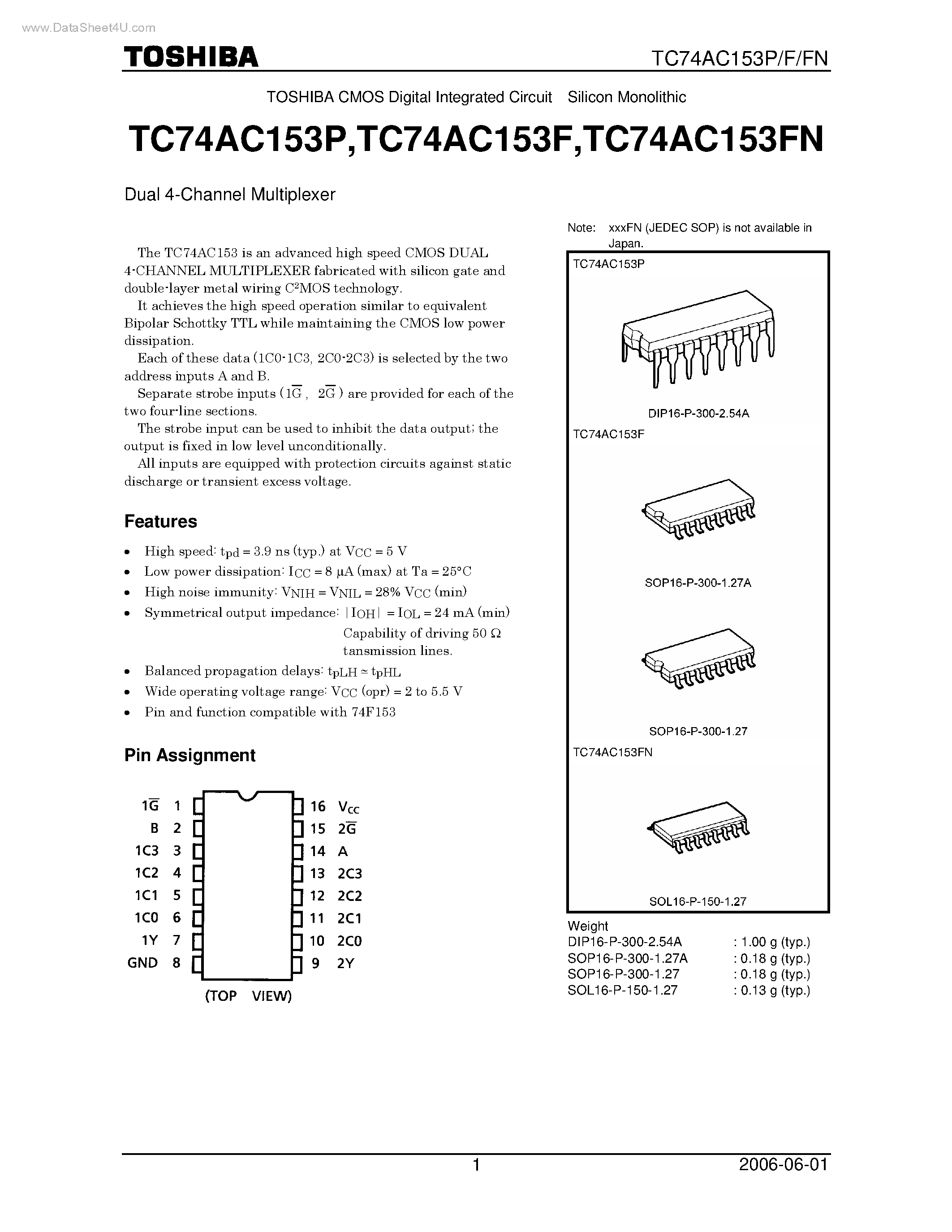 Datasheet TC74AC153F - DUAL 4-CHANNEL MULTIPLEXER page 1