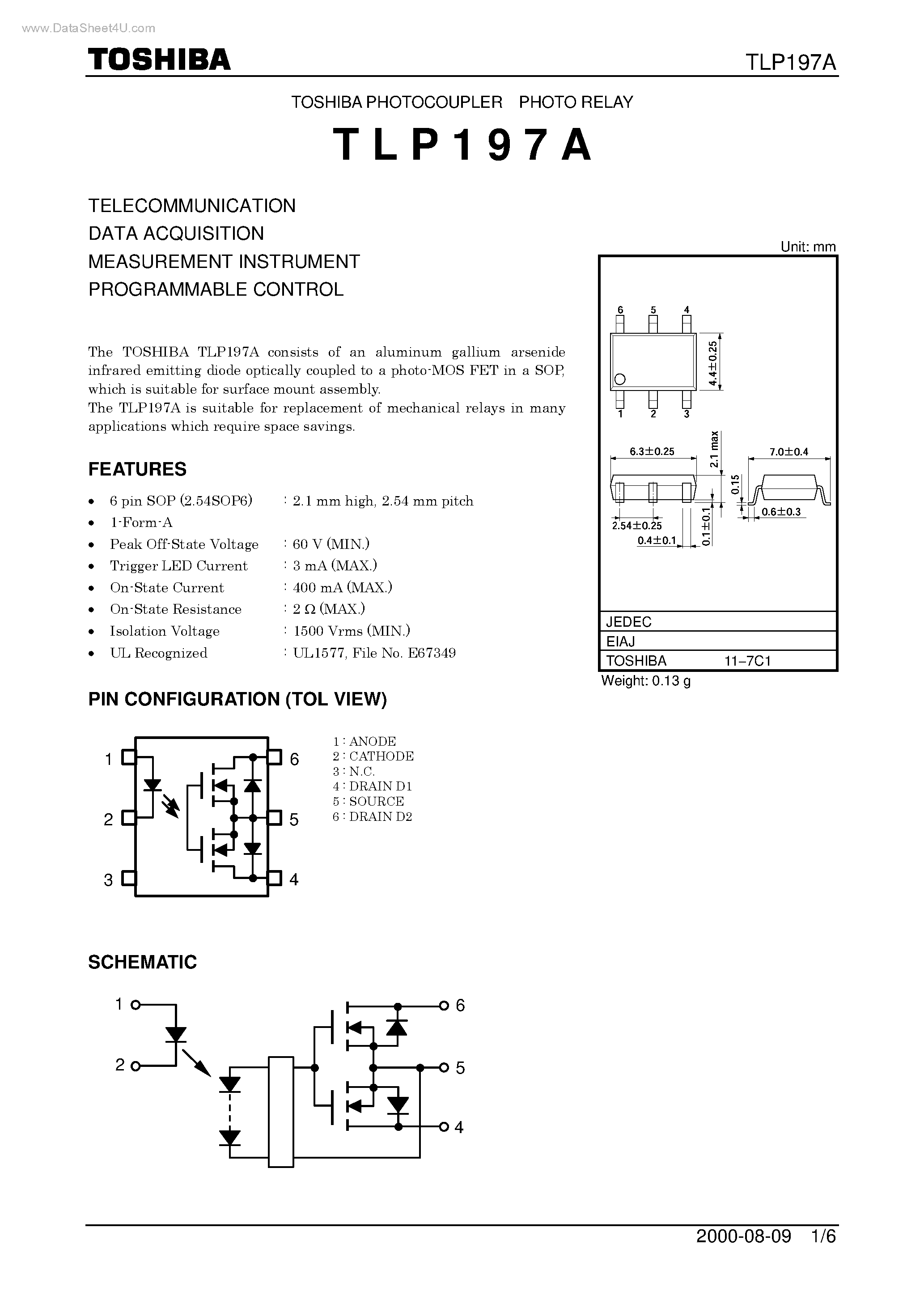 Даташит на микросхему TLP197A страница 1 Даташит TLP197A - TOSHIBA PHOTOCOUPLER PHOTO RELAY страница 1