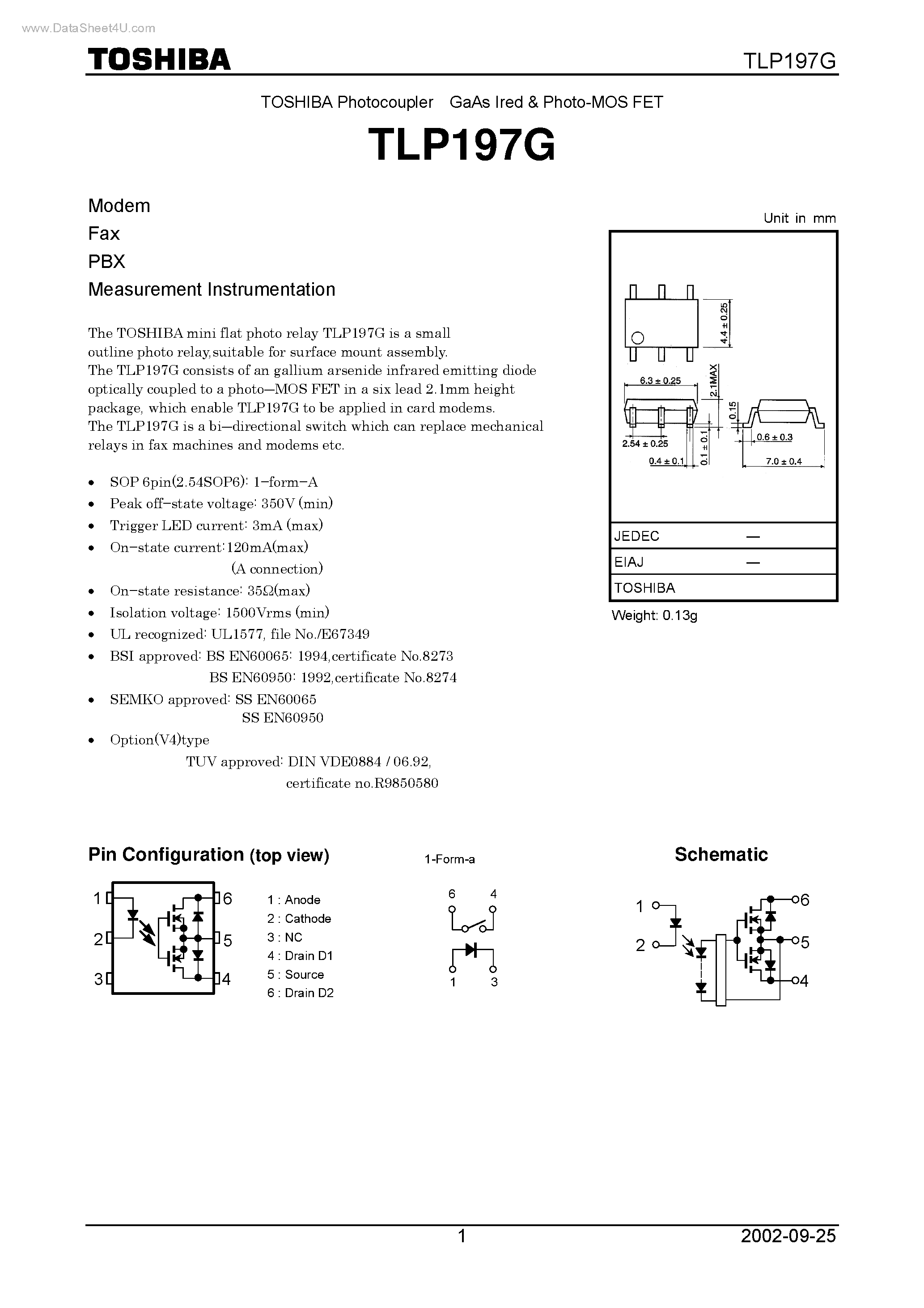 Datasheet TLP197G page 1 Datasheet TLP197G - TOSHIBA Photocoupler GaAs Ired & Photo-MOS FET page 1