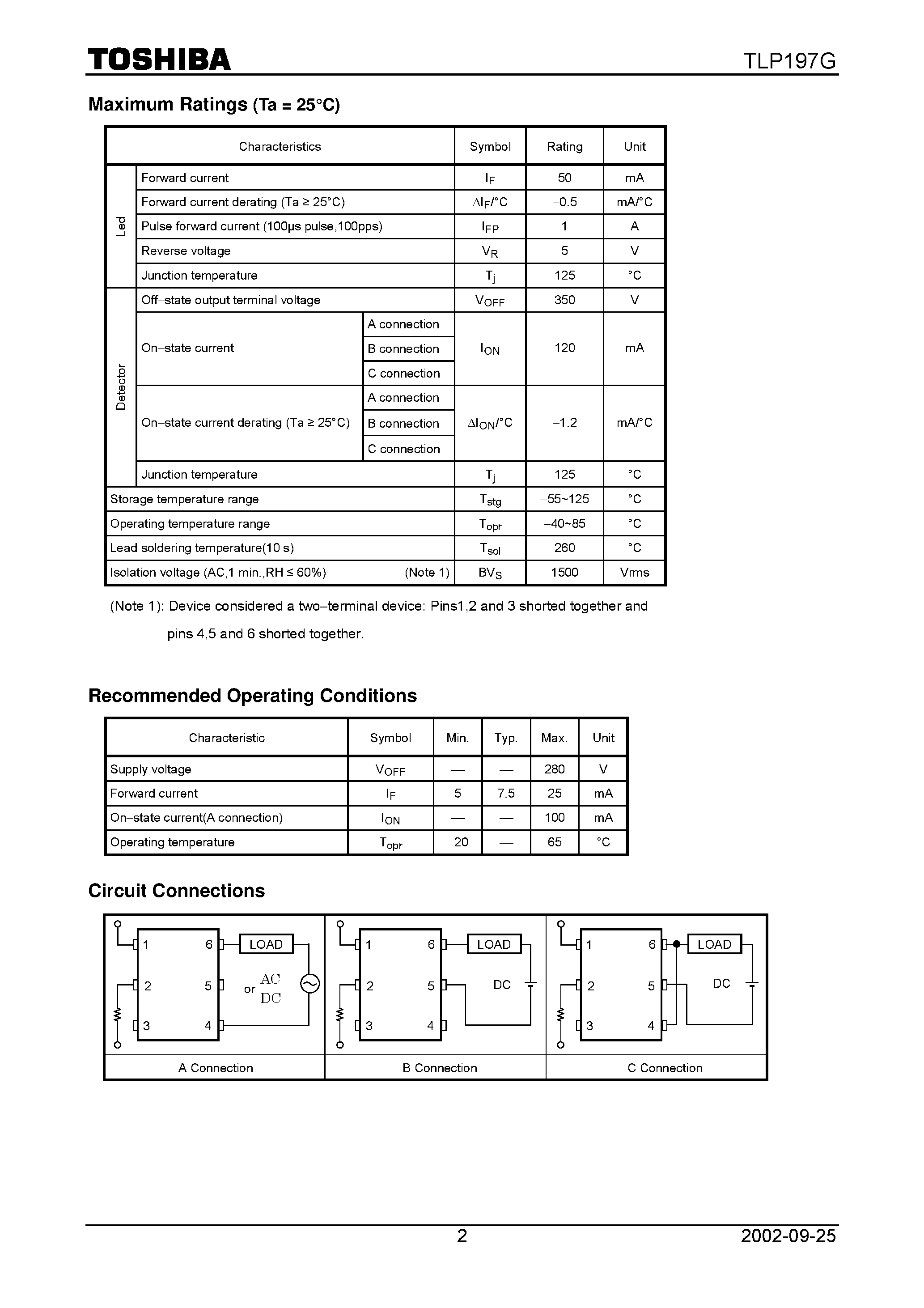 Datasheet TLP197G page 2 Datasheet TLP197G - TOSHIBA Photocoupler GaAs Ired & Photo-MOS FET page 2