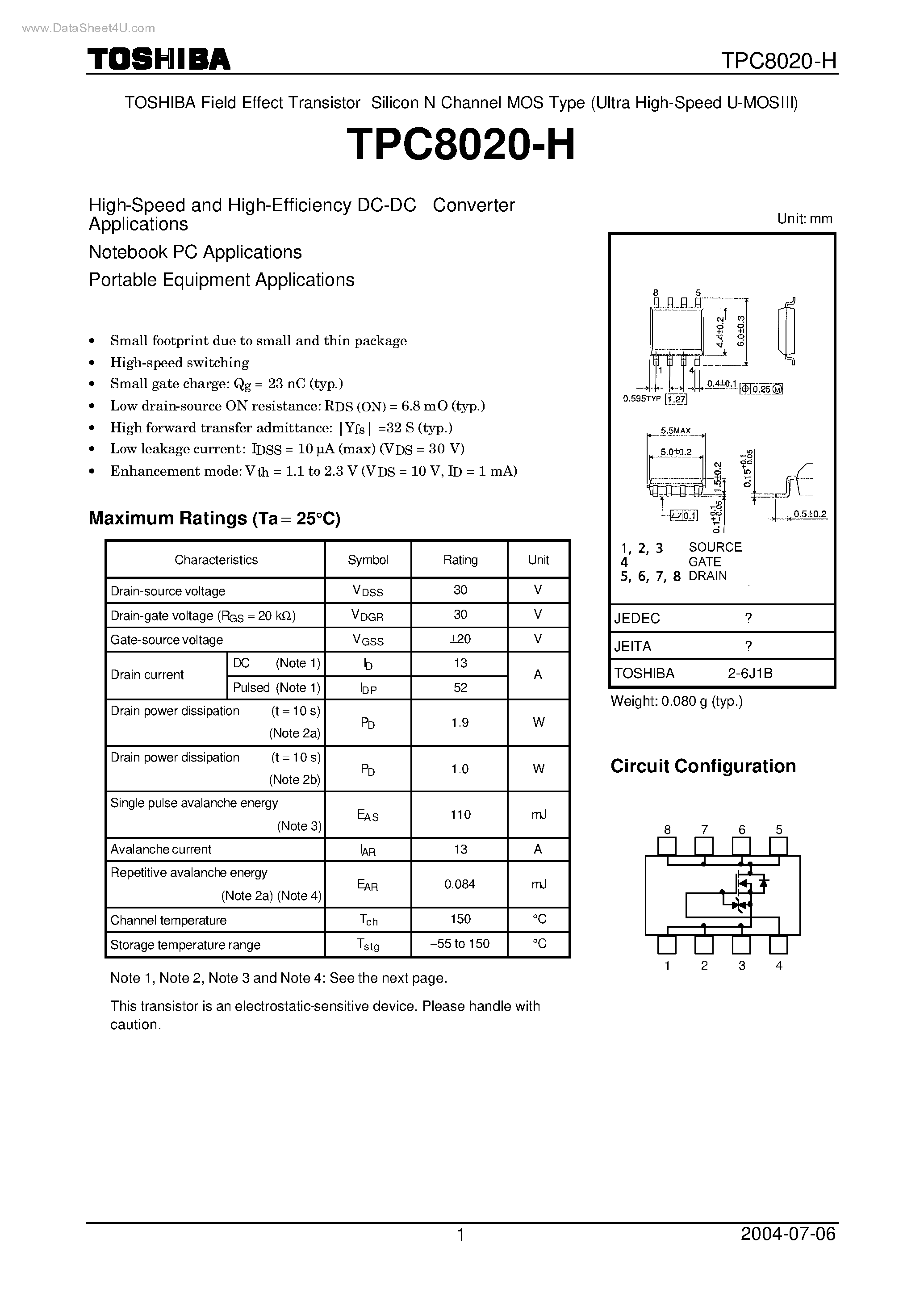 Datasheet TPC8020-H - Field Effect Transistor Silicon N Channel MOS Type page 1