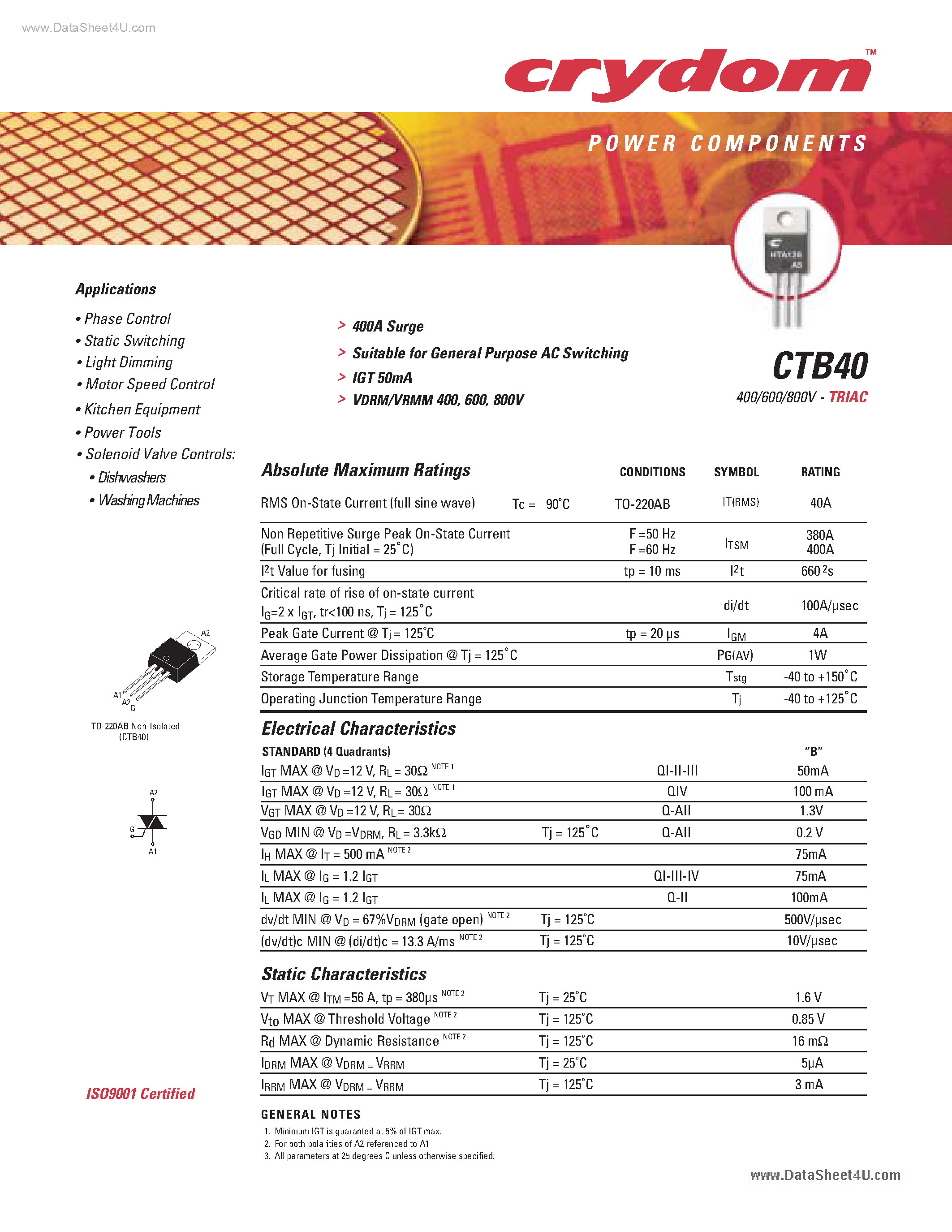 Datasheet CTB40 - Triacs page 1