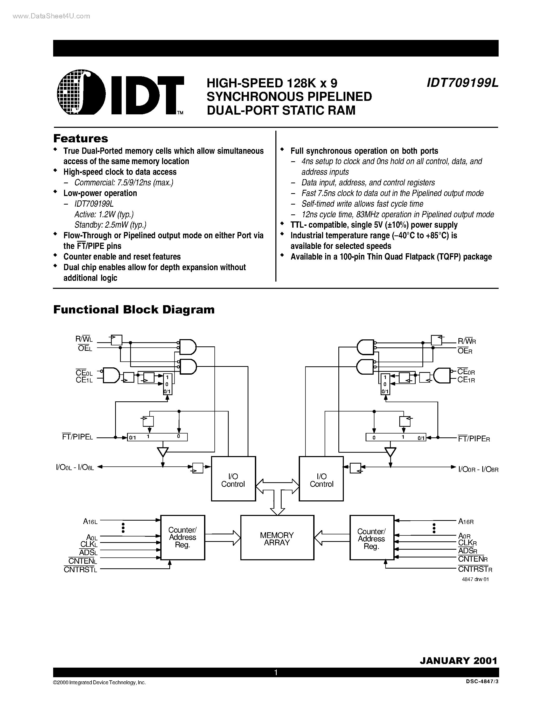 Datasheet IDT709199L - HIGH-SPEED 128K x 9 SYNCHRONOUS PIPELINED DUAL-PORT STATIC RAM page 1