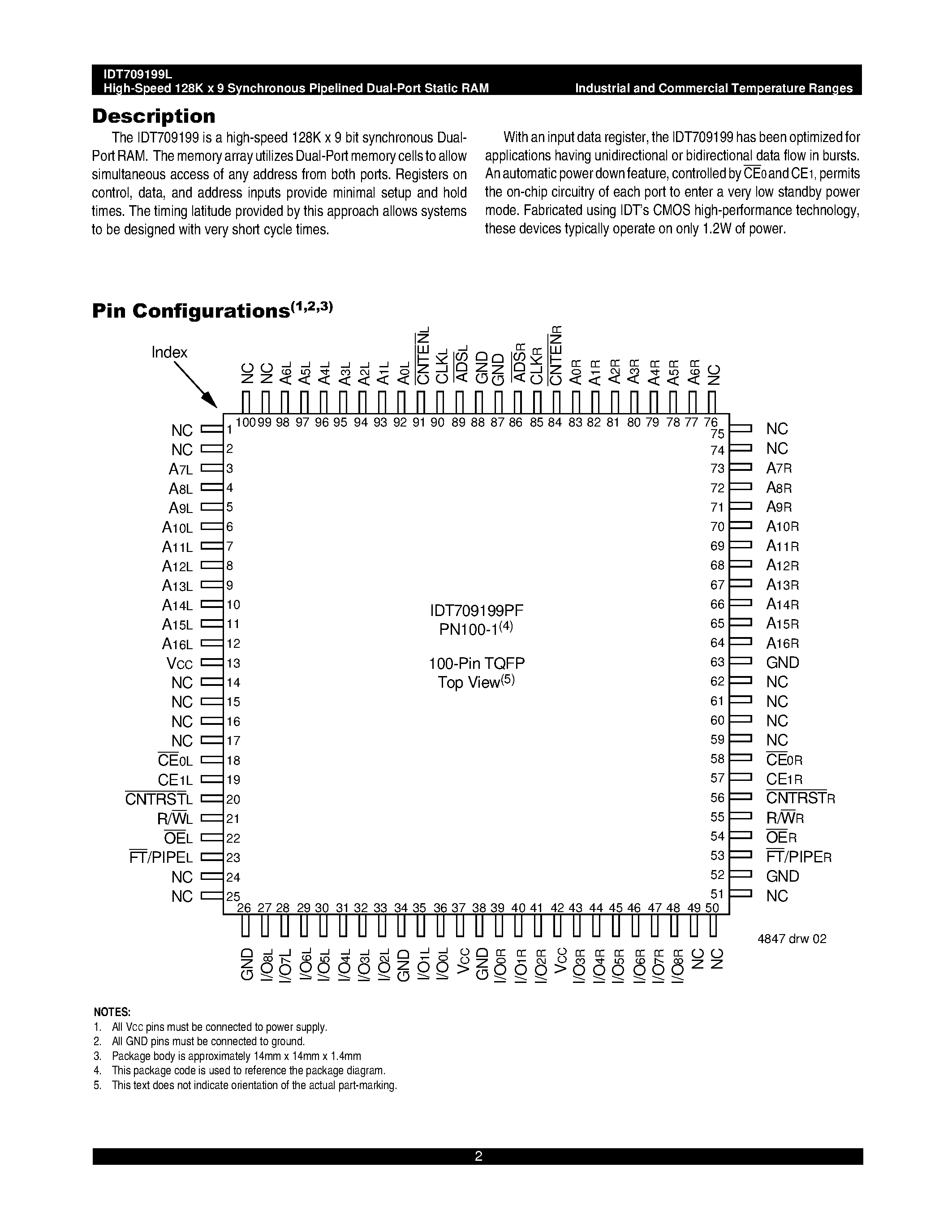 Datasheet IDT709199L - HIGH-SPEED 128K x 9 SYNCHRONOUS PIPELINED DUAL-PORT STATIC RAM page 2
