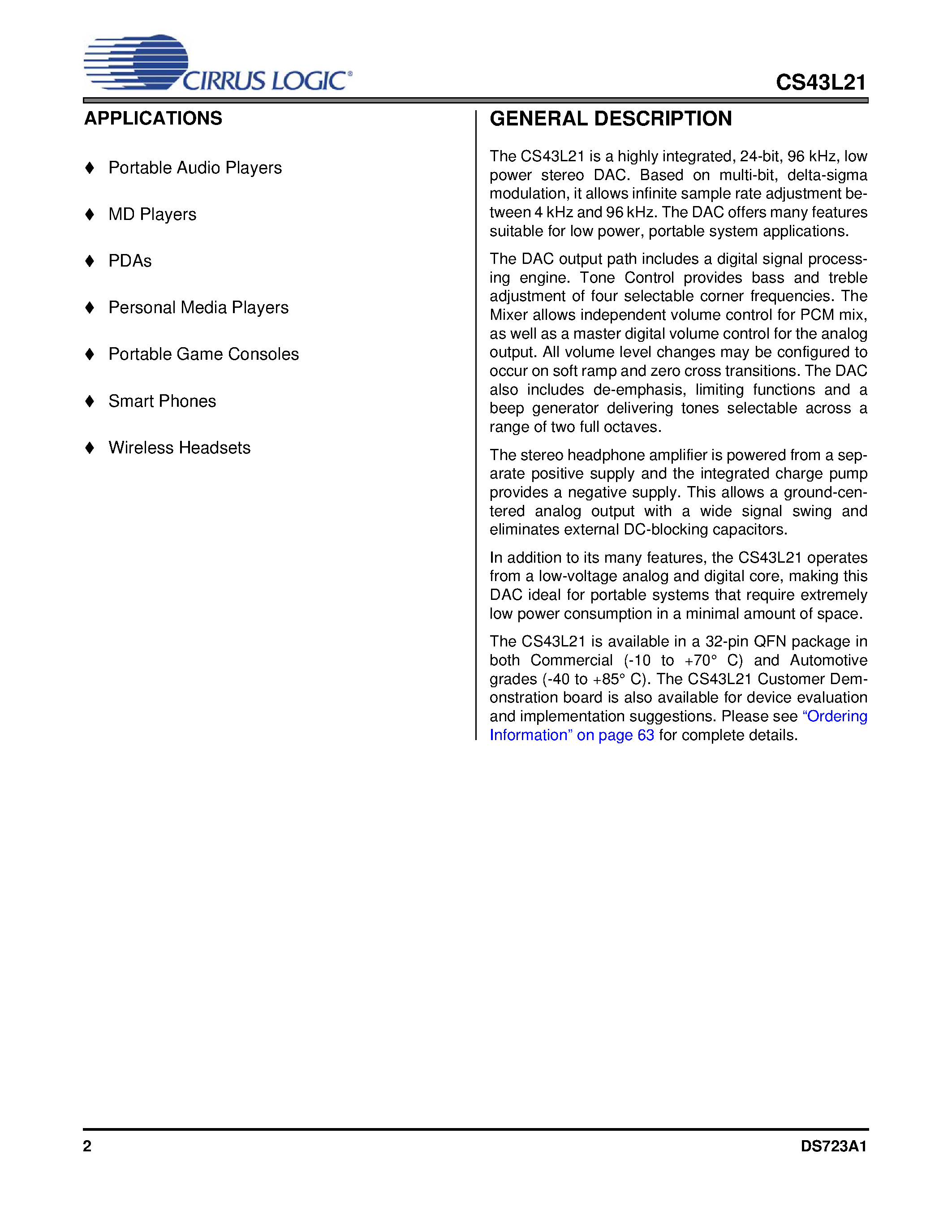 Даташит CDB43L21 - Stereo Digital to Analog Converter страница 2
