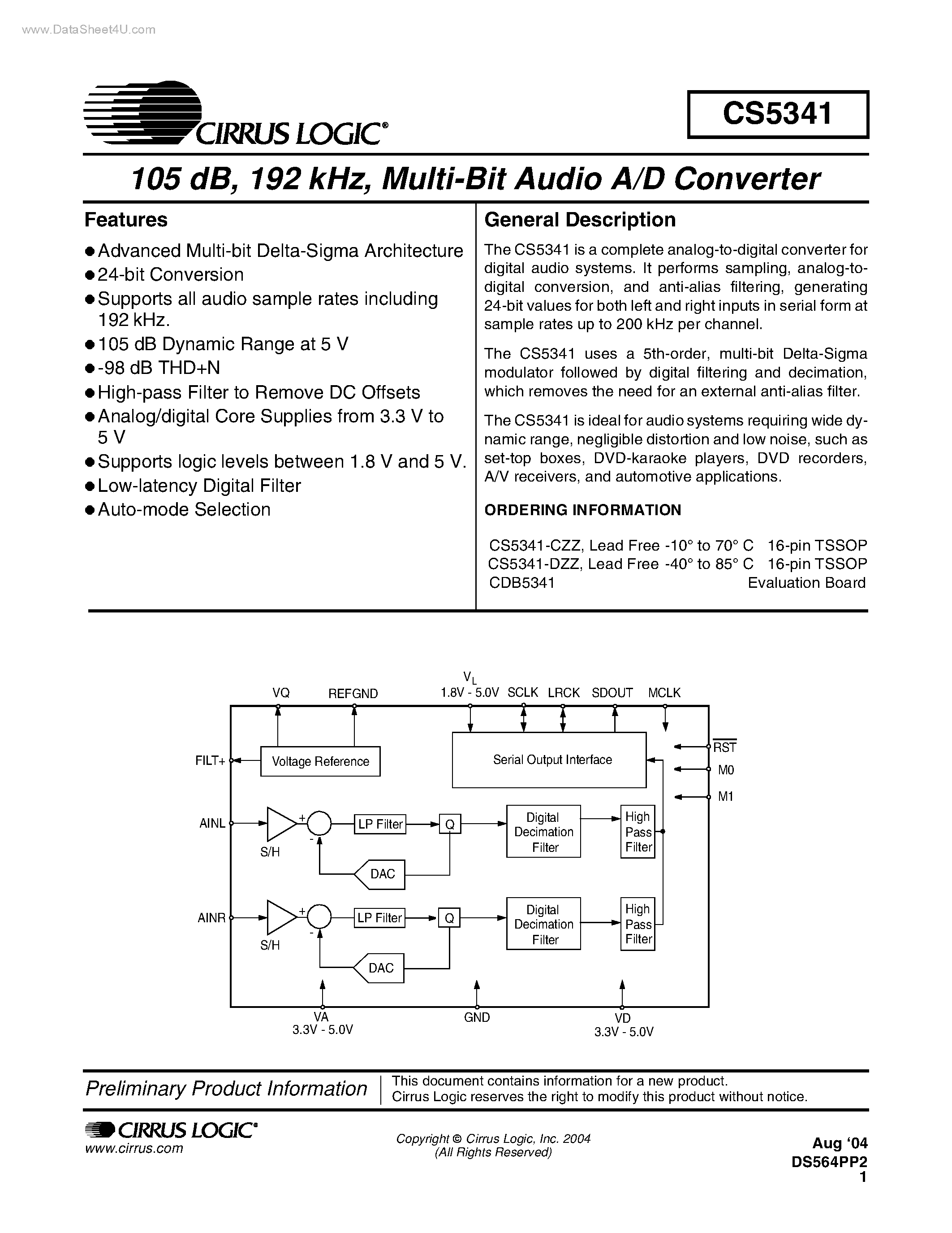 Datasheet CDB5341 page 1 Datasheet CDB5341 - MULTI-BIT AUDIO A/D CONVERTER page 1